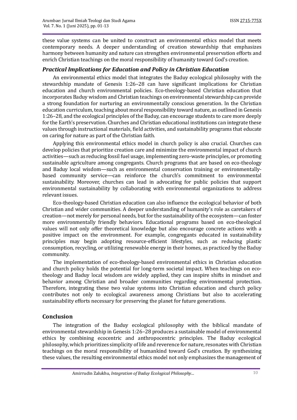 JURIS Integration of Baduy Ecological Philosophy and Environmental Stewardship as a Model of Sustainable Environmental Ethics in Christian Education