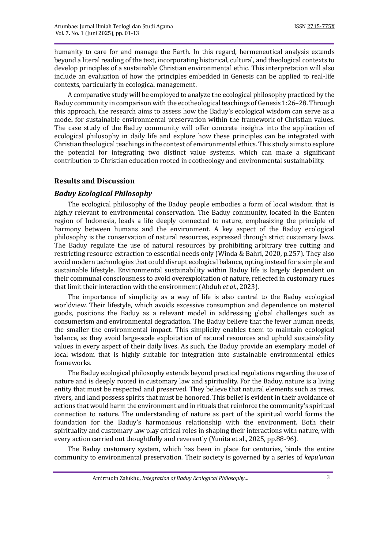 JURIS Integration of Baduy Ecological Philosophy and Environmental Stewardship as a Model of Sustainable Environmental Ethics in Christian Education