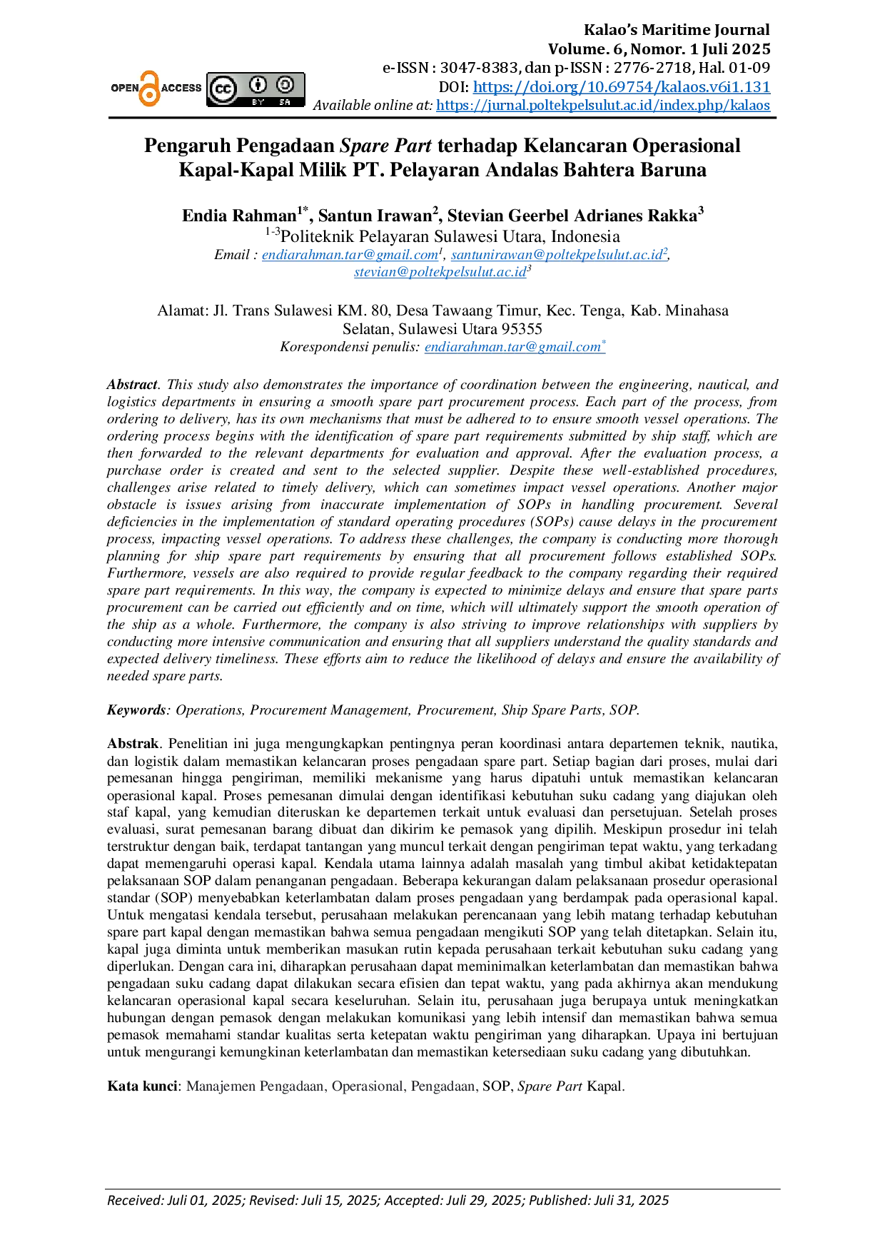 juris Pengaruh Pengadaan Spare Part terhadap Kelancaran Operasional Kapal Kapal Milik PT Pelayaran Andalas Bahtera Baruna