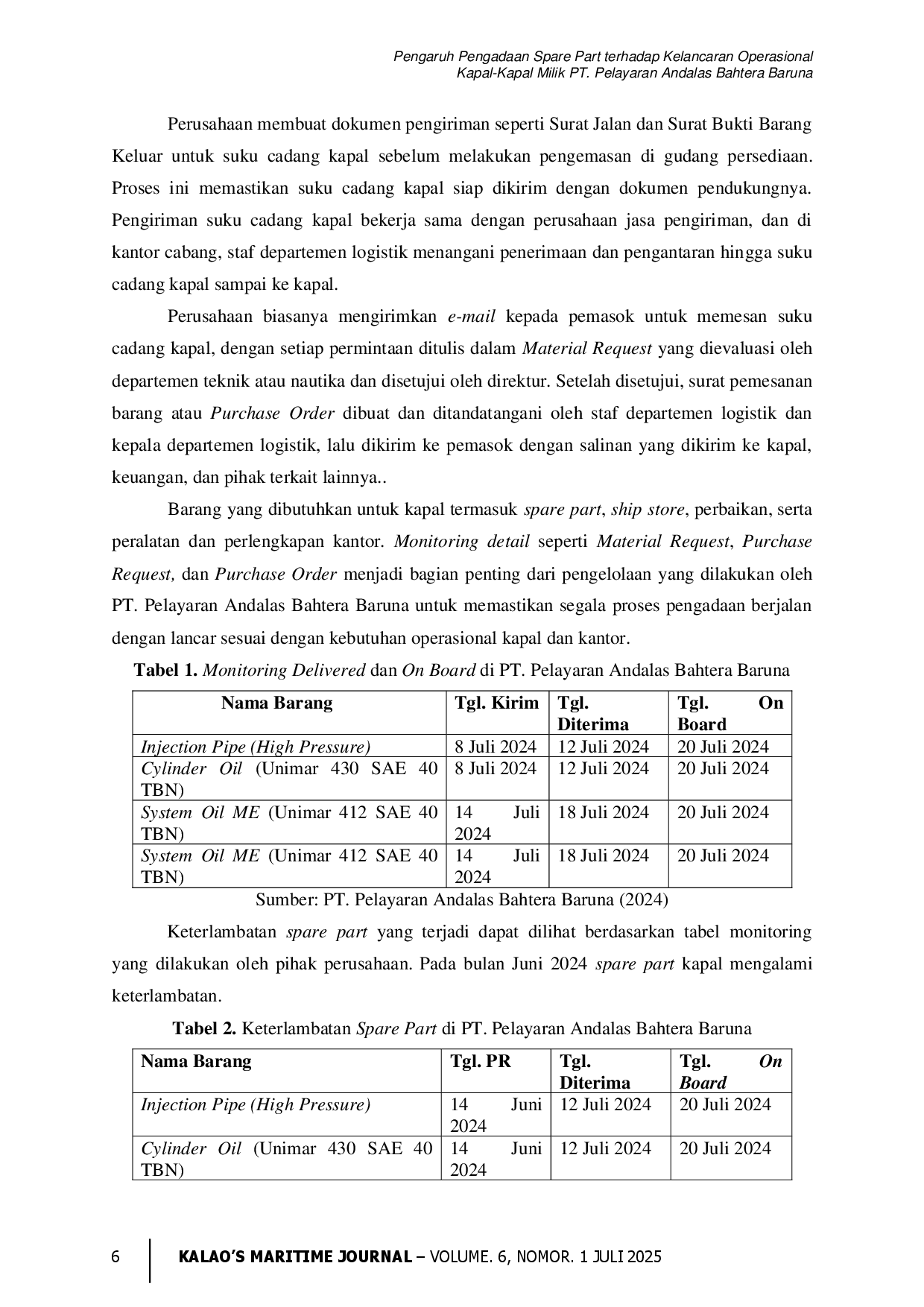 juris Pengaruh Pengadaan Spare Part terhadap Kelancaran Operasional Kapal Kapal Milik PT Pelayaran Andalas Bahtera Baruna