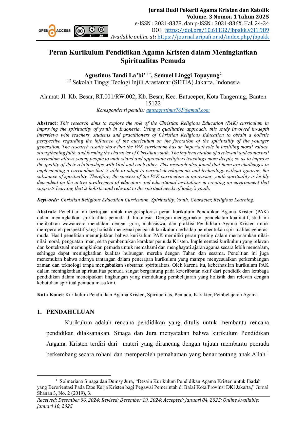 JURIS Peran Kurikulum Pendidikan Agama Kristen dalam Meningkatkan Spiritualitas Pemuda