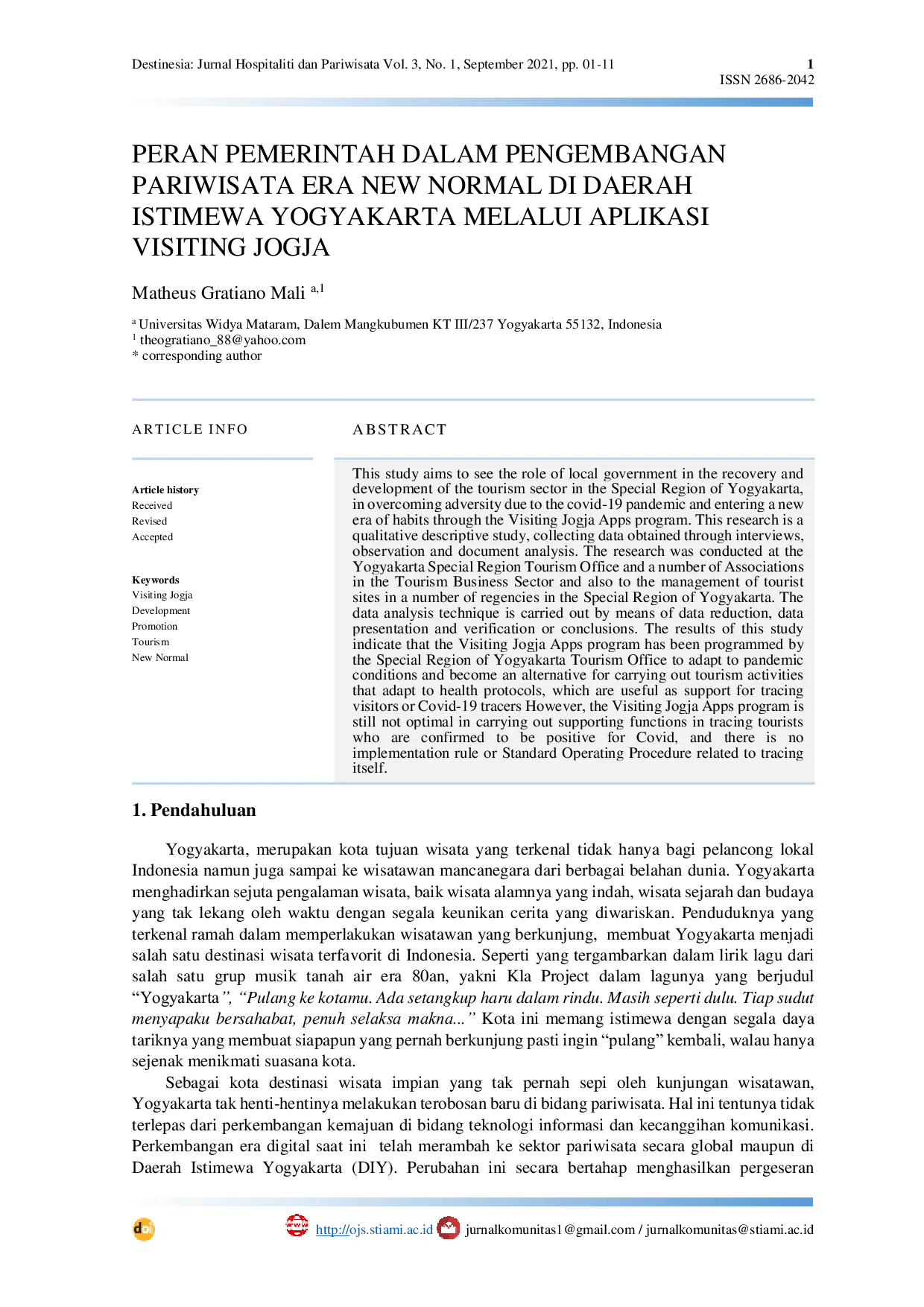 JURIS Peran Pemerintah dalam Pengembangan Pariwisata Era New Normal di Daerah Istimewa Yogyakarta melalui Aplikasi Visiting Jogja