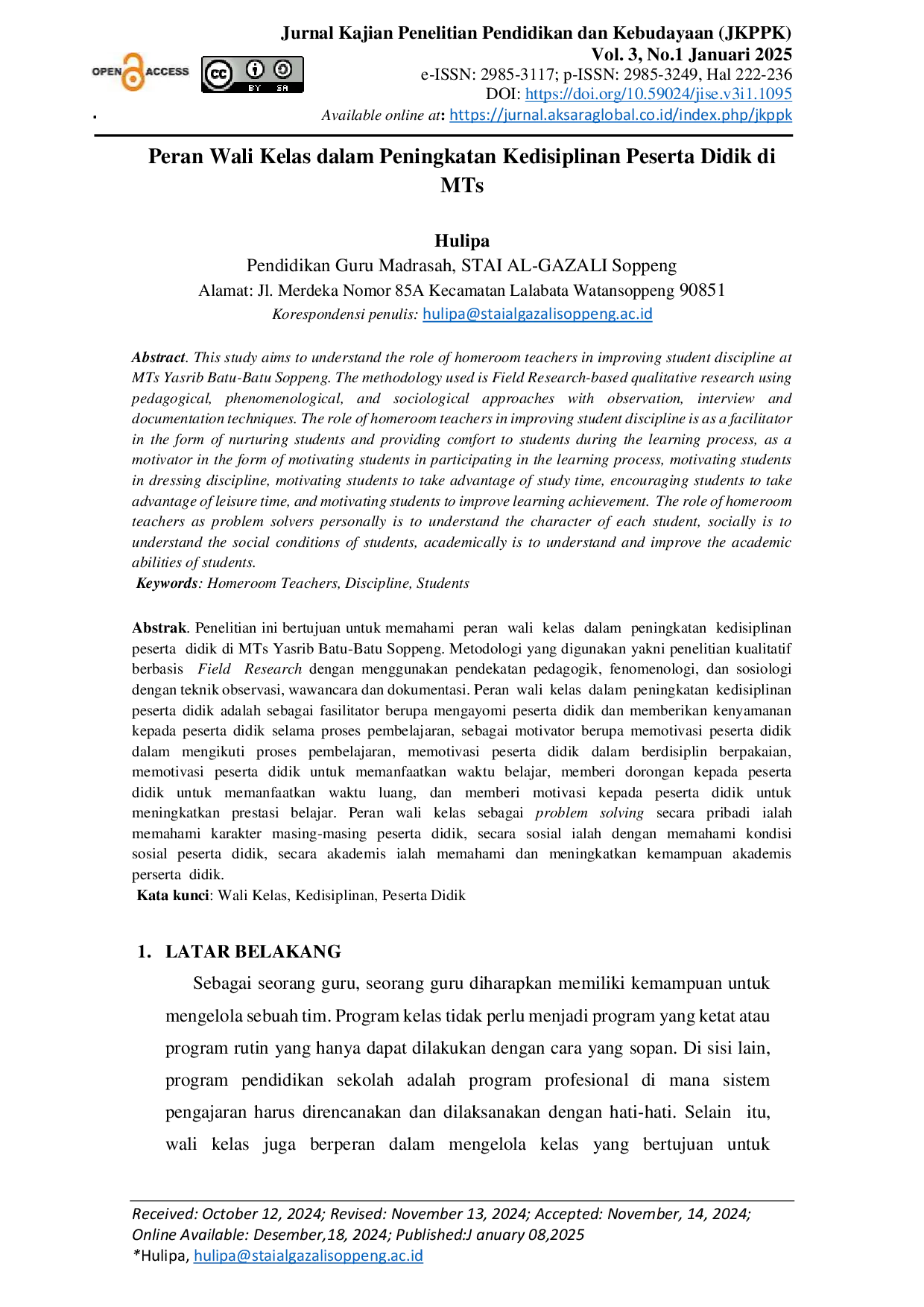 JURIS Peran Wali Kelas dalam Peningkatan Kedisiplinan Peserta Didik di MTs