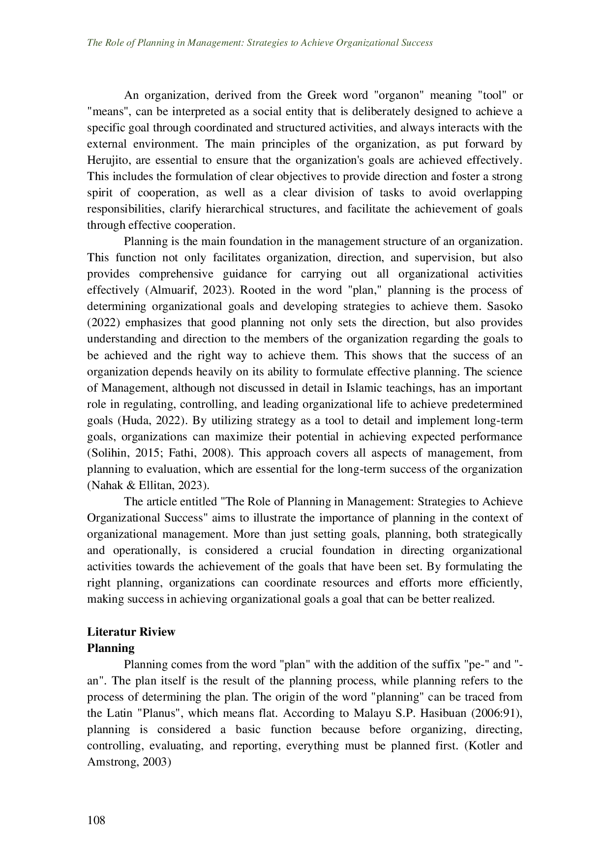JURIS The Role of Planning in Management Strategies to Achieve Organizational Success