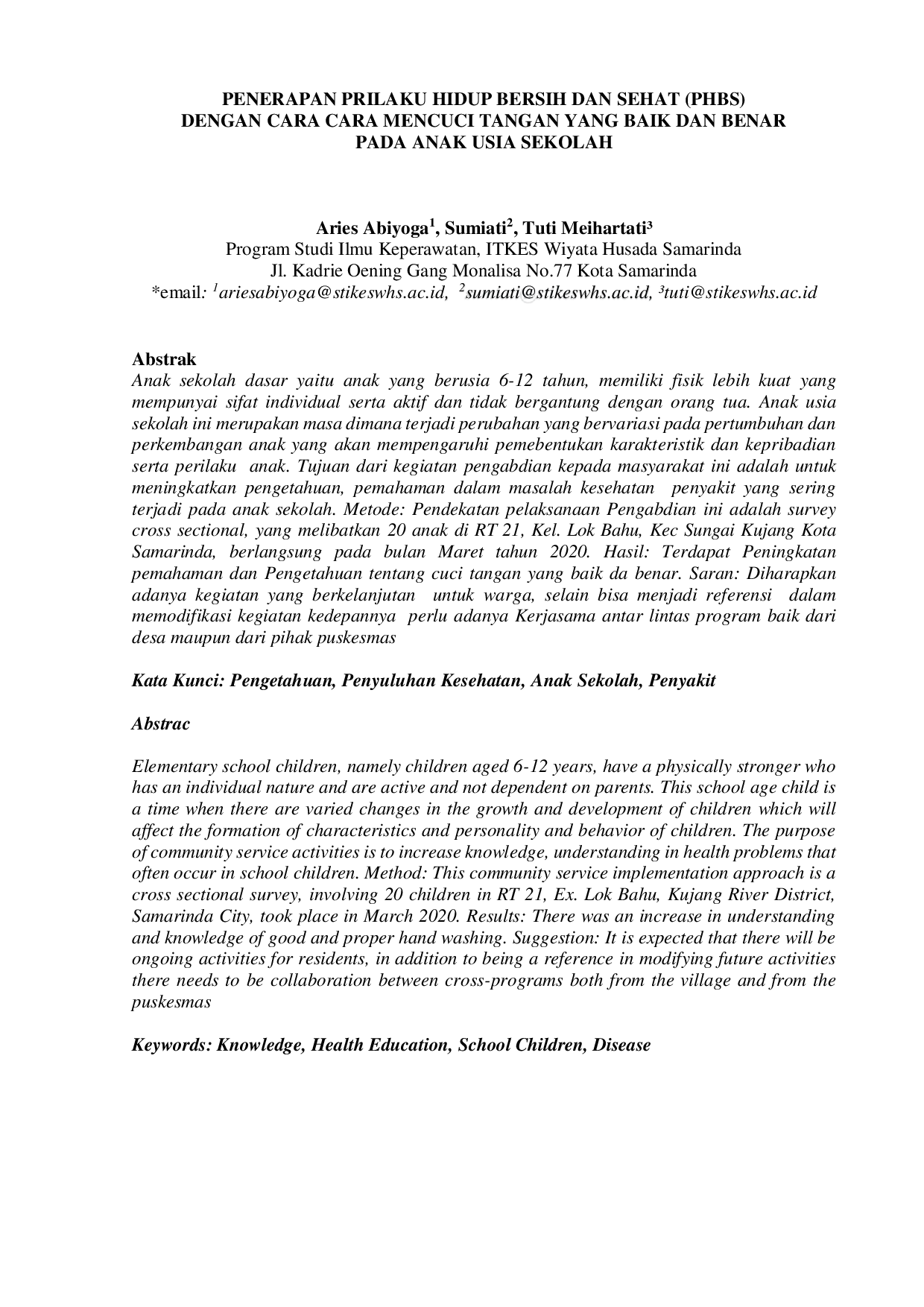 JURIS Penerapan Prilaku Hidup Bersih Dan Sehat Phbs Dengan Cara Cara Mencuci Tangan Yang Baik Dan Benar Pada Anak Usia Sekolah