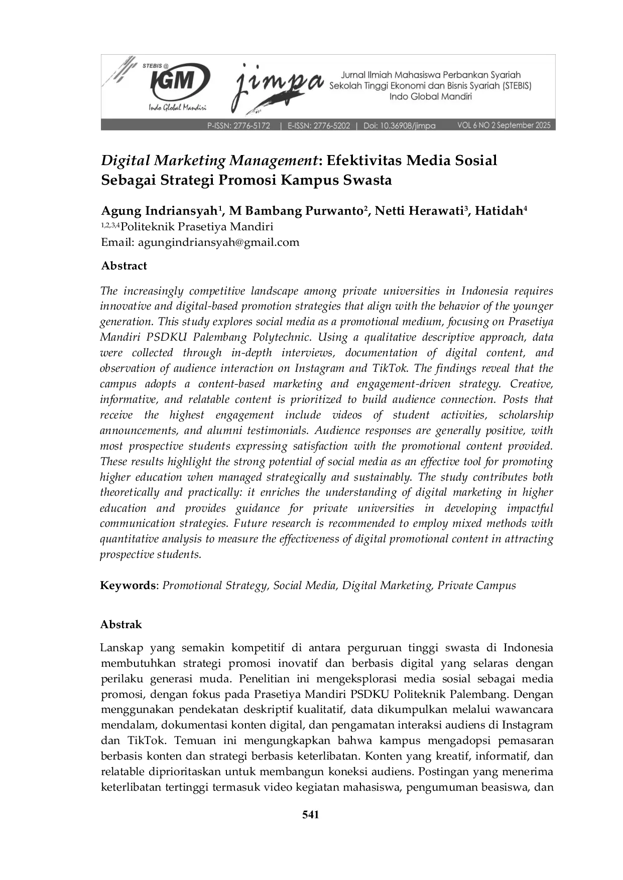 JURIS Digital Marketing Management Efektivitas Media Sosial Sebagai Strategi Promosi Kampus Swasta