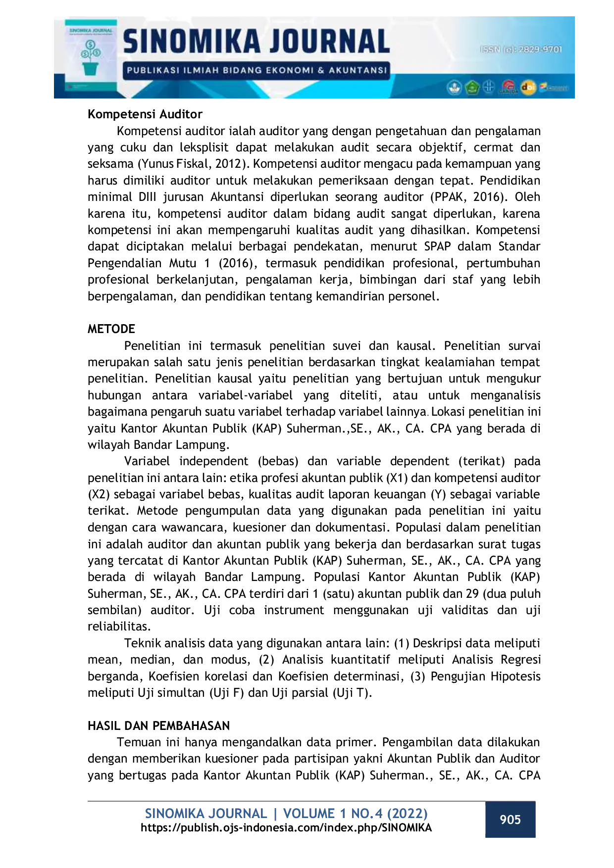 JURIS Pengaruh Etika Profesi Akuntan Publik Dan Kompetensi Auditor Terhadap Kualitas Audit Studi Kasus Pada KAP Suherman SE Ak CA CPA Di Bandar Lampung