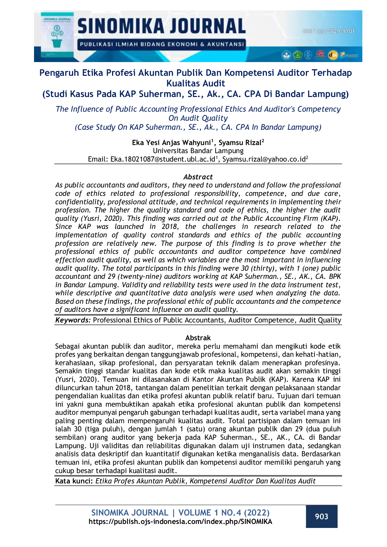 JURIS Pengaruh Etika Profesi Akuntan Publik Dan Kompetensi Auditor Terhadap Kualitas Audit Studi Kasus Pada KAP Suherman SE Ak CA CPA Di Bandar Lampung