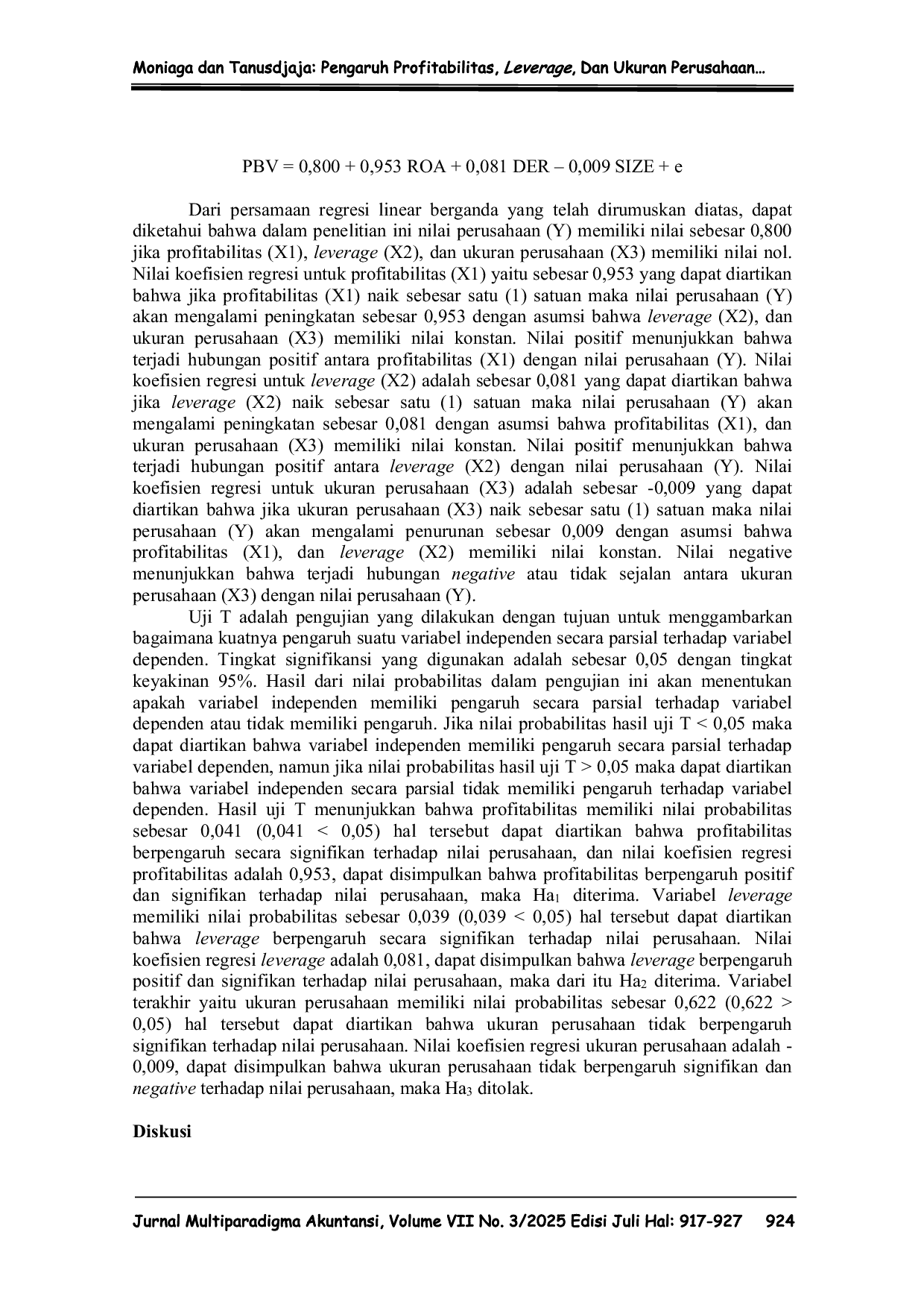 JURIS Pengaruh Profitabilitas Leverage dan Ukuran Perusahaan Terhadap Nilai Perusahaan