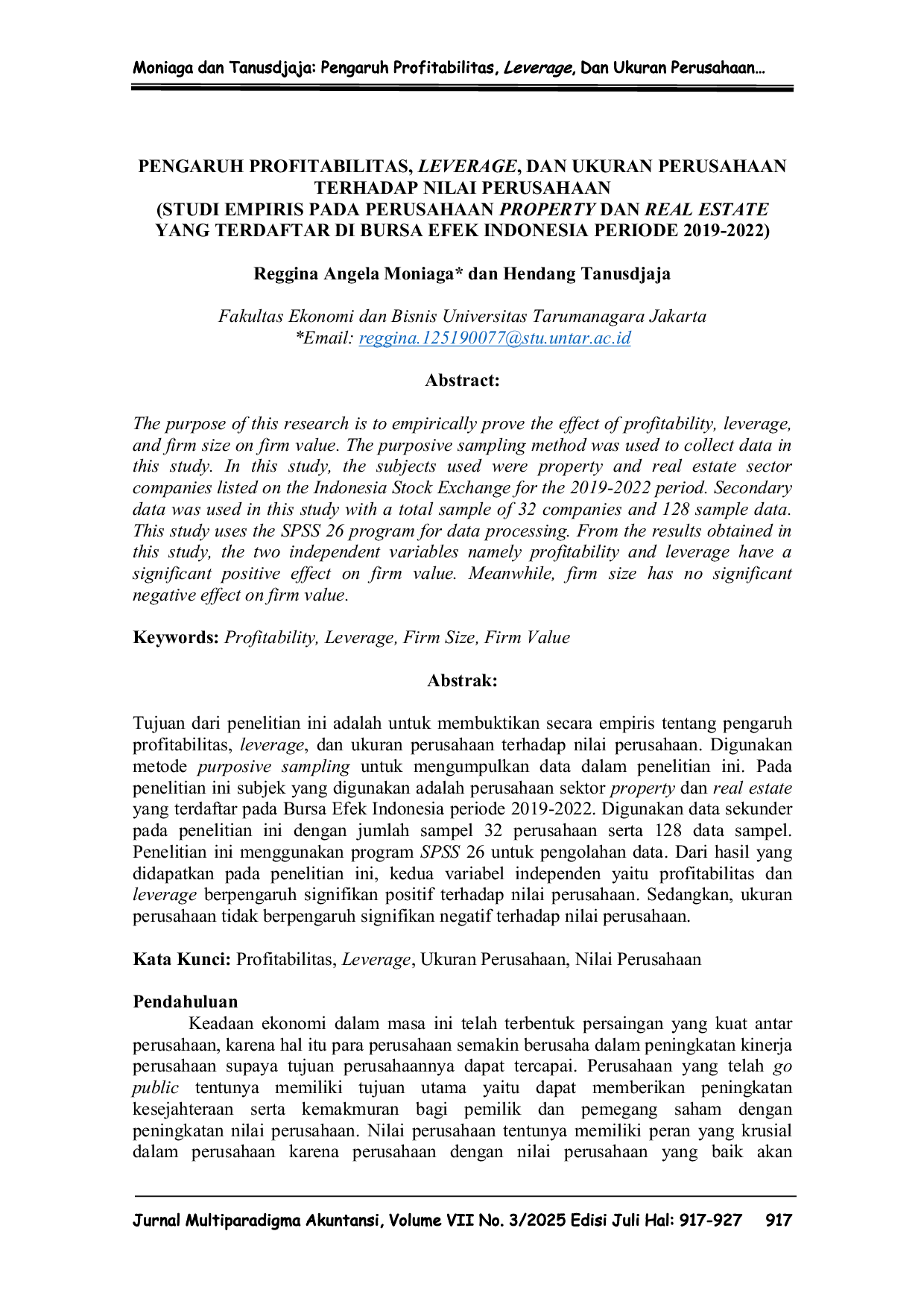 JURIS Pengaruh Profitabilitas Leverage dan Ukuran Perusahaan Terhadap Nilai Perusahaan