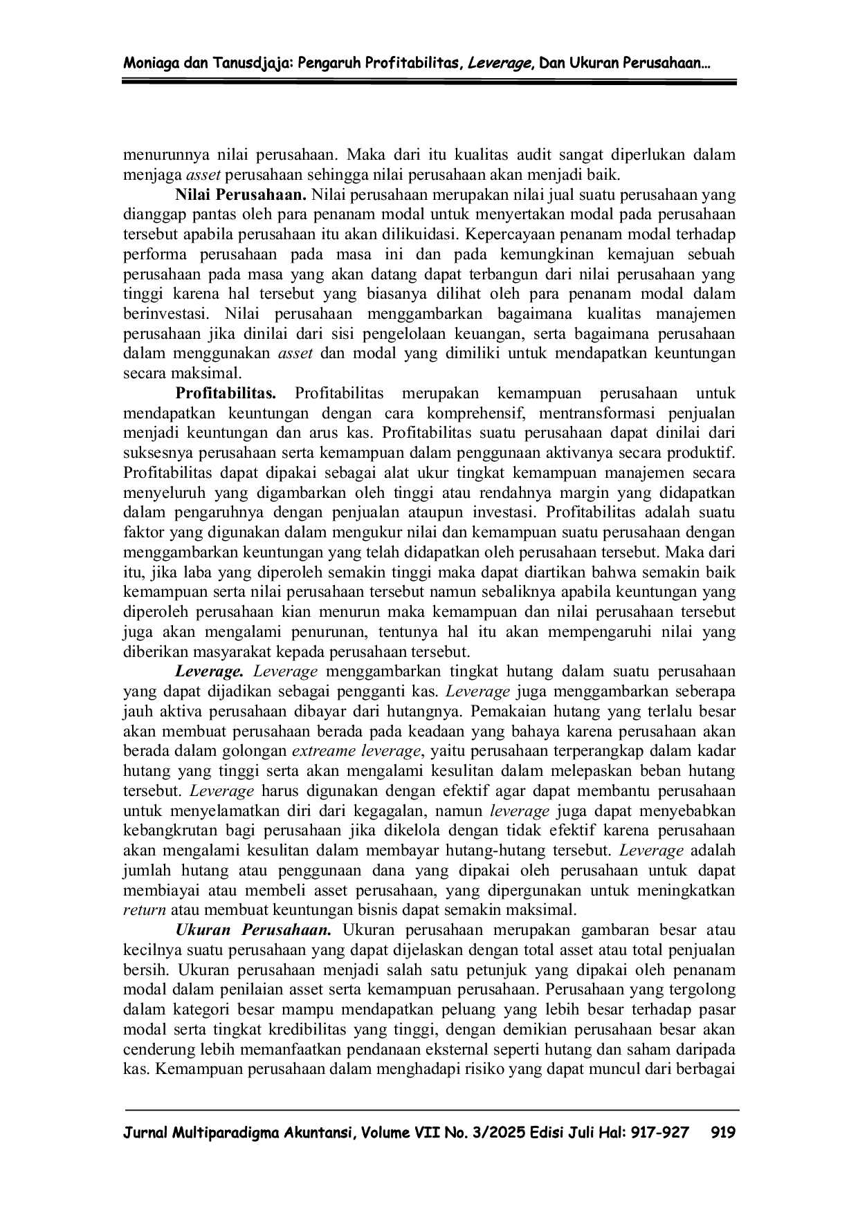 JURIS Pengaruh Profitabilitas Leverage dan Ukuran Perusahaan Terhadap Nilai Perusahaan