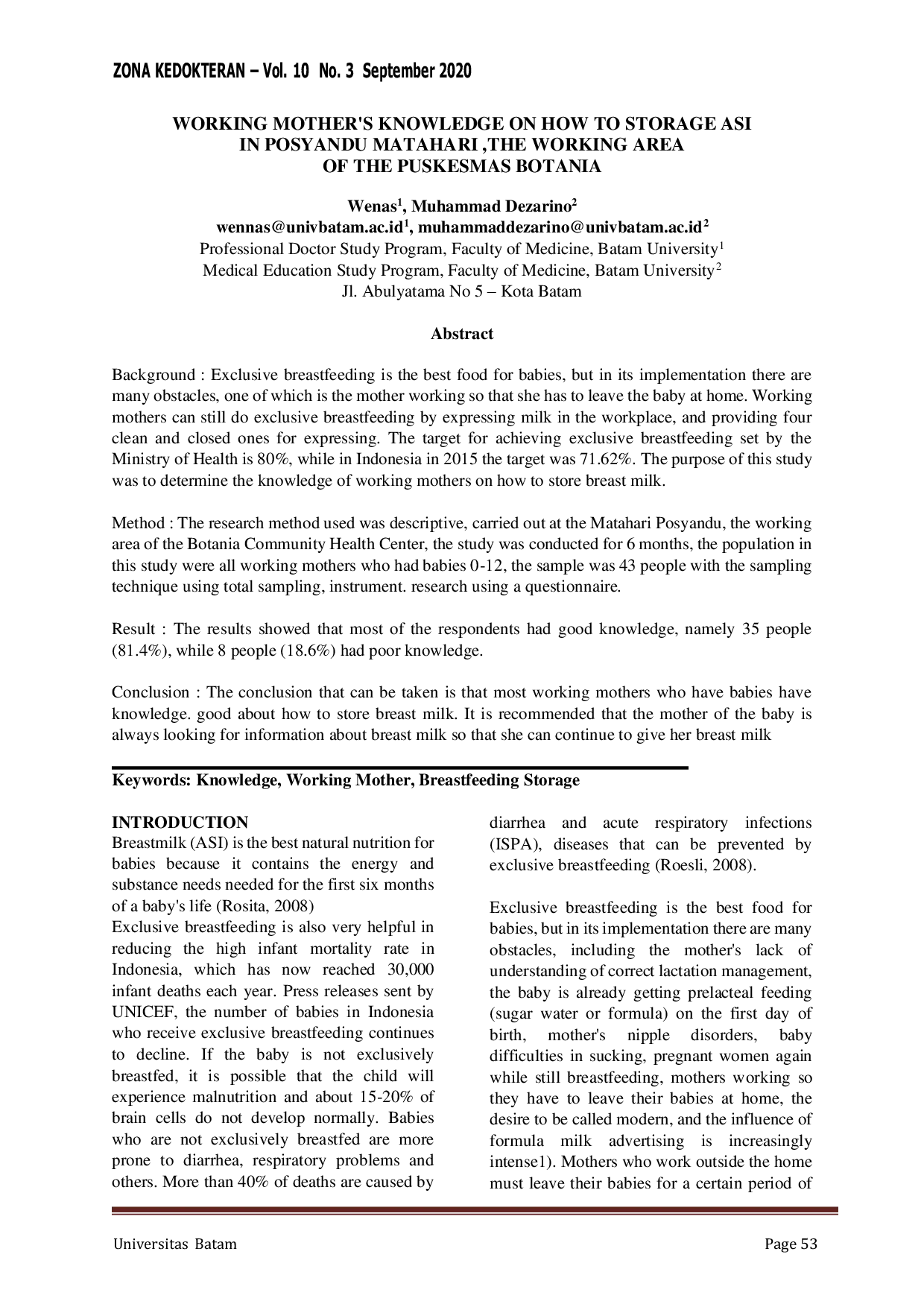 JURIS Working Mother s Knowledge on How to Storage Asi in Posyandu Matahari The Working Area of The Puskesmas Botania