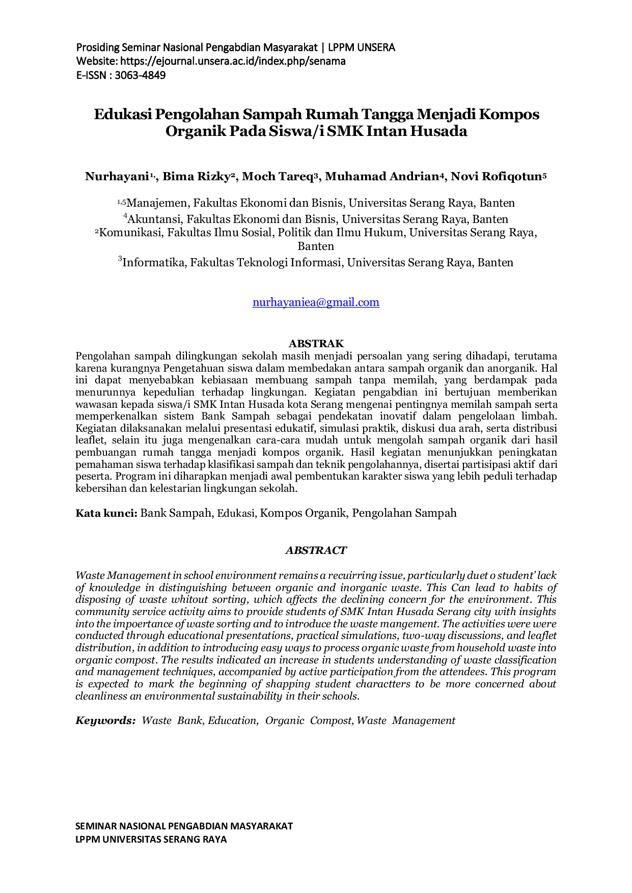 JURIS Edukasi Pengolahan Sampah Rumah Tangga Menjadi Kompos Organik Pada Siswa i SMK Intan Husada