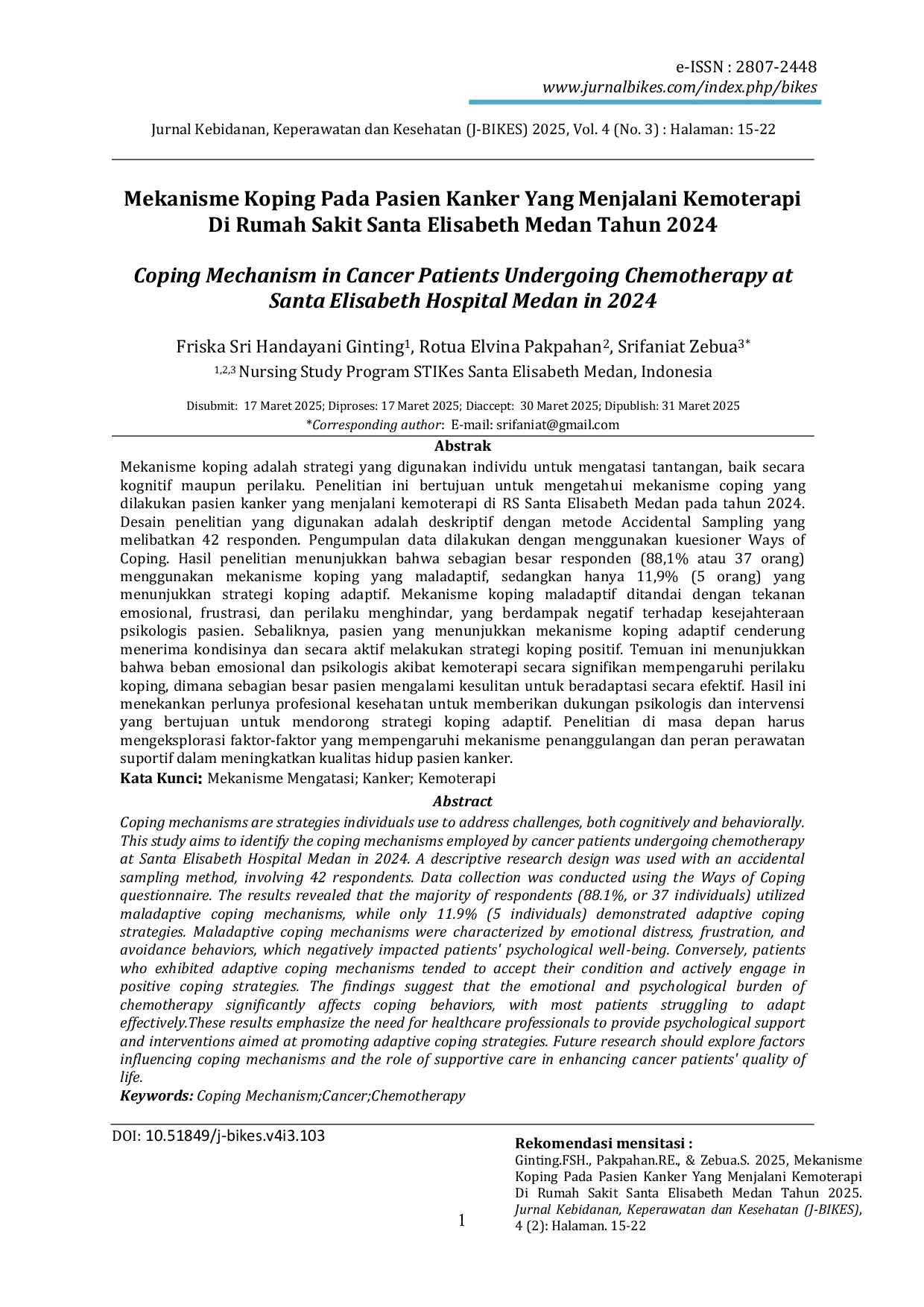 JURIS Coping Mechanism in Cancer Patients Undergoing Chemotherapy at Santa Elisabeth Hospital Medan in 2024
