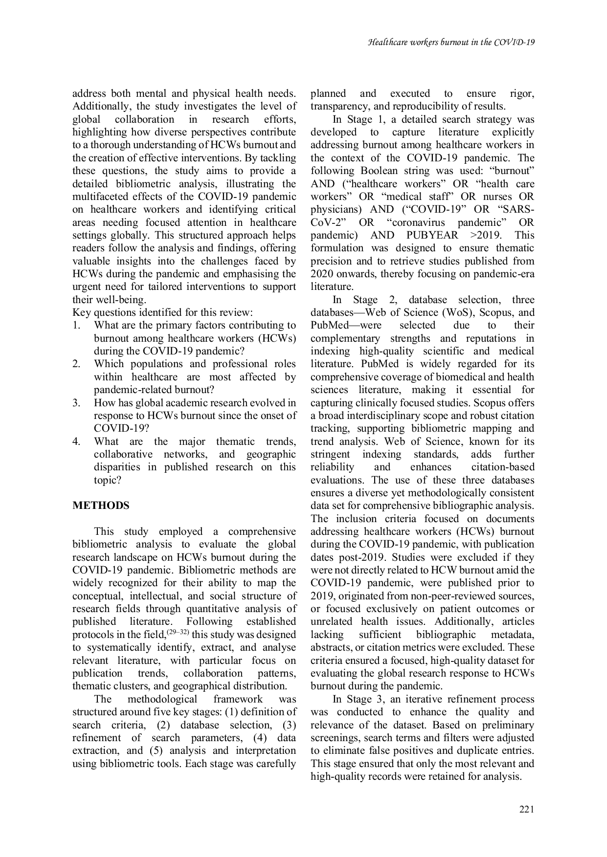 JURIS Navigating The Storm Of Healthcare Workers Burnout In The COVID 19 Era A Bibliometric Analysis