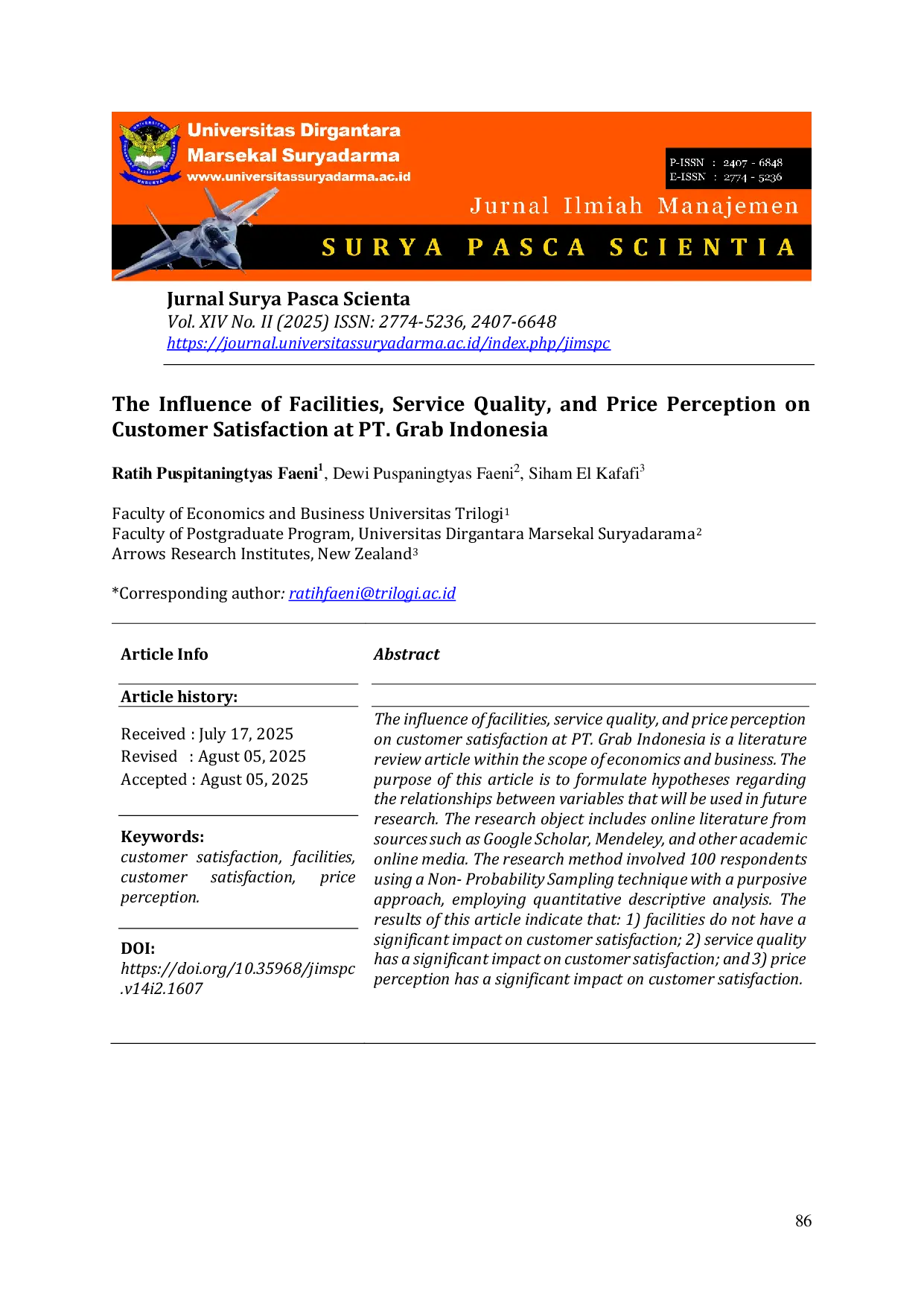 JURIS The Influence of Facilities Service Quality and Price Perception on Customer Satisfaction at PT Grab Indonesia