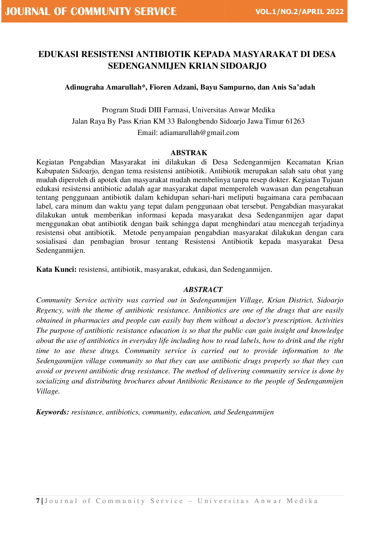 JURIS Edukasi Resistensi Antibiotik Kepada Masyarakat Di Desa Sedenganmijen Krian Sidoarjo