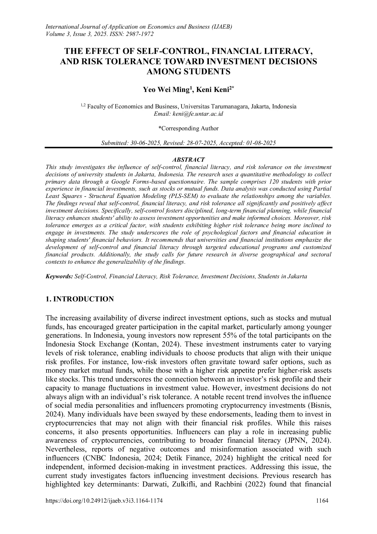 JURIS The Effect of Self Control Financial Literacy and Risk Tolerance Toward Investment Decisions Among Students