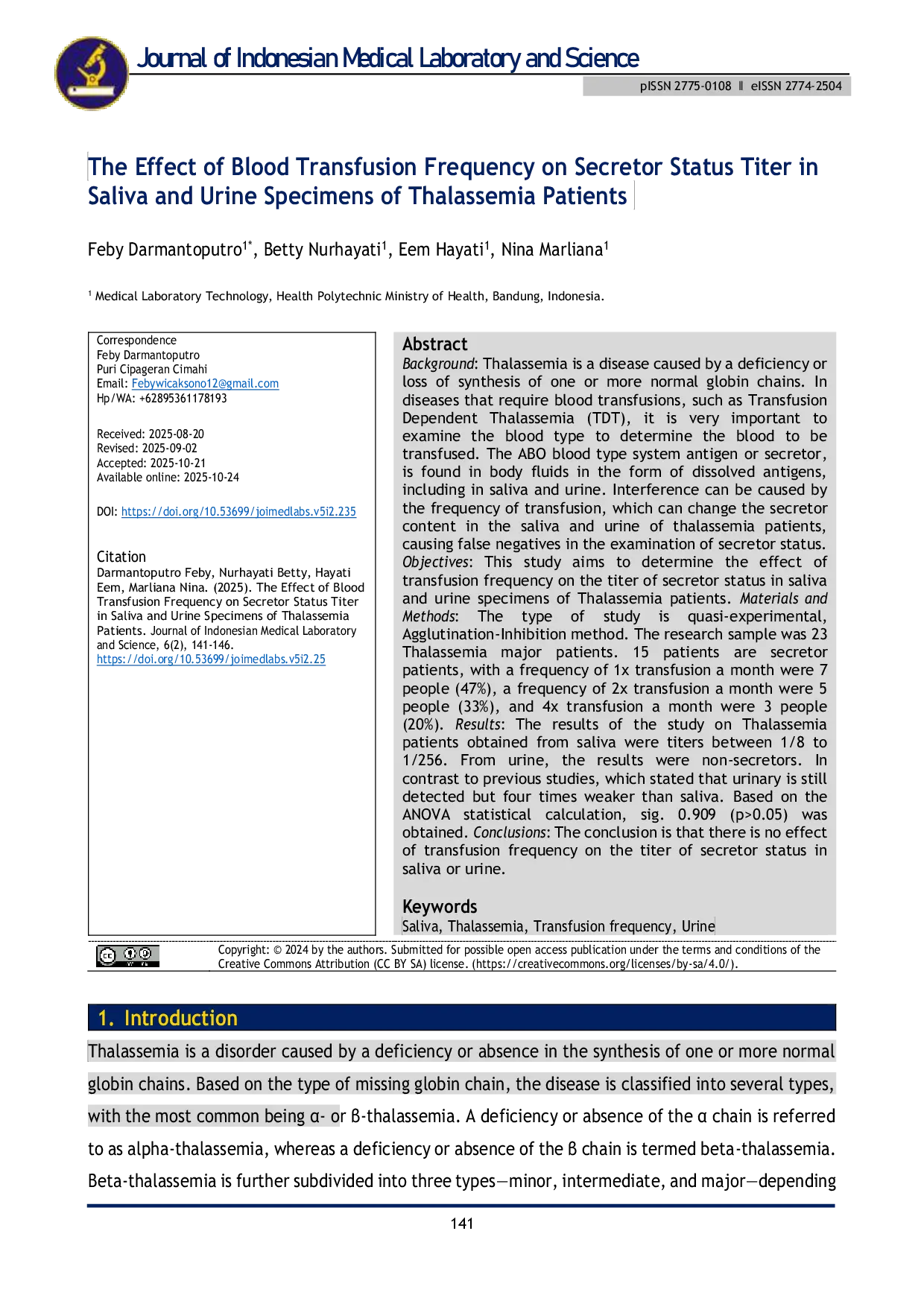 JURIS The The Effect of Blood Transfusion Frequency on Secretor Status Titer in Saliva and Urine Specimens of Thalassemia Patients