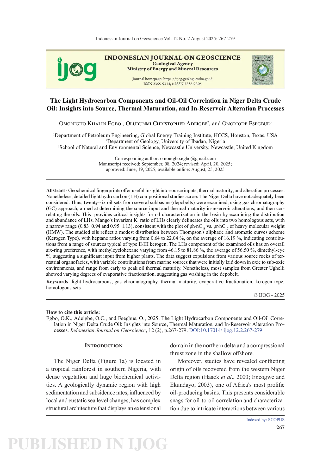 JURIS The Light Hydrocarbon Components and Oil Oil Correlation in Niger Delta Crude Oil Insights into Source Thermal Maturation and In Reservoir Alteration Processes