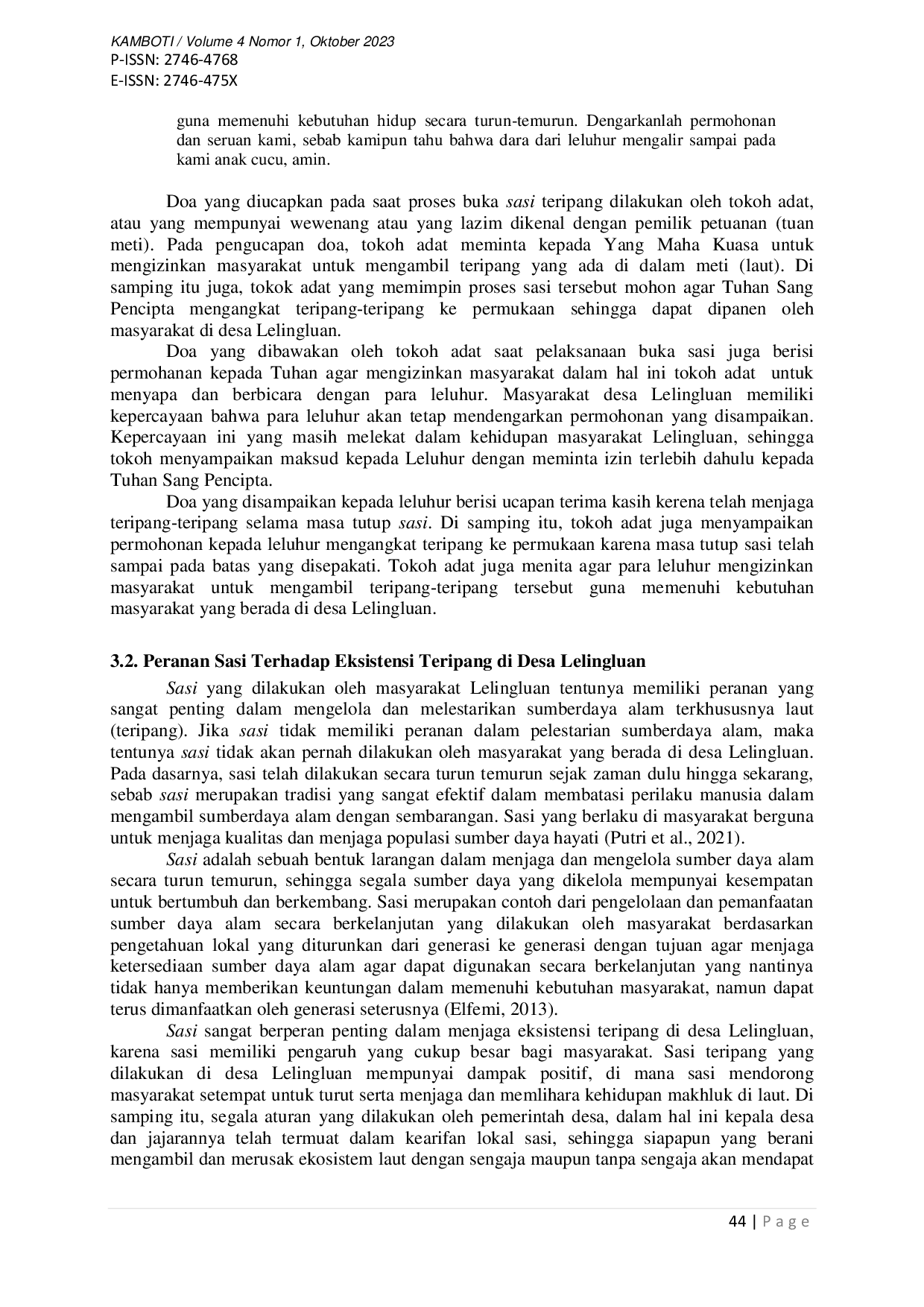 juris Kearifan Lokal Sasi Terhadap Eksistensi Teripang di Desa Lelingluan Kecamatan Tanimbar Utara Kabupaten Kepulauan Tanimbar