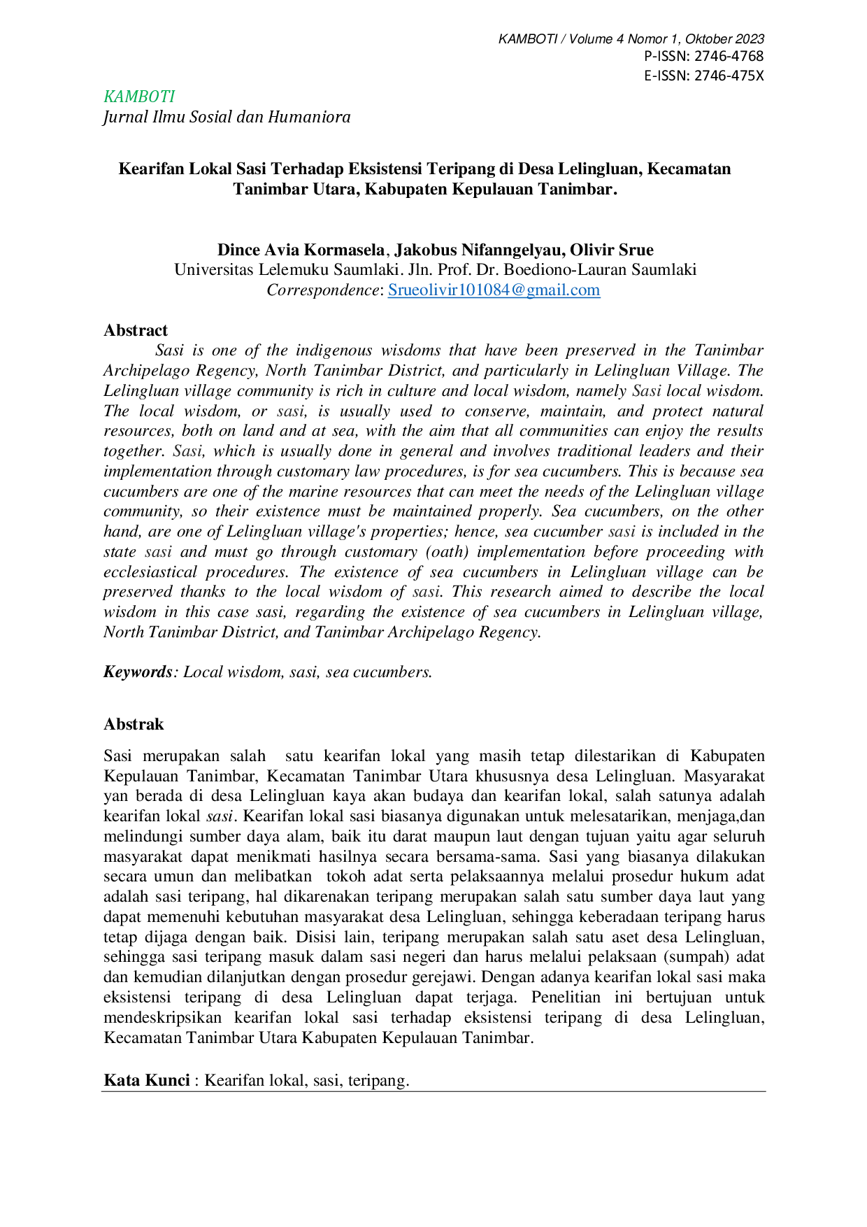 juris Kearifan Lokal Sasi Terhadap Eksistensi Teripang di Desa Lelingluan Kecamatan Tanimbar Utara Kabupaten Kepulauan Tanimbar