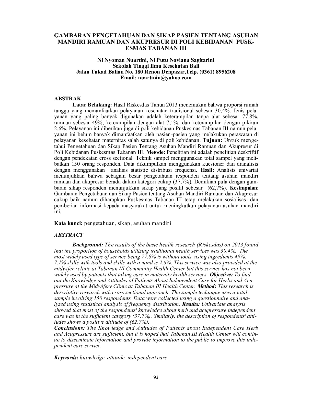 JURIS Gambaran Pengetahuan Dan Sikap Pasien Tentang Asuhan Mandiri Ramuan Dan Akupresur Di Poli Kebidanan Puskesmas Tabanan Iii