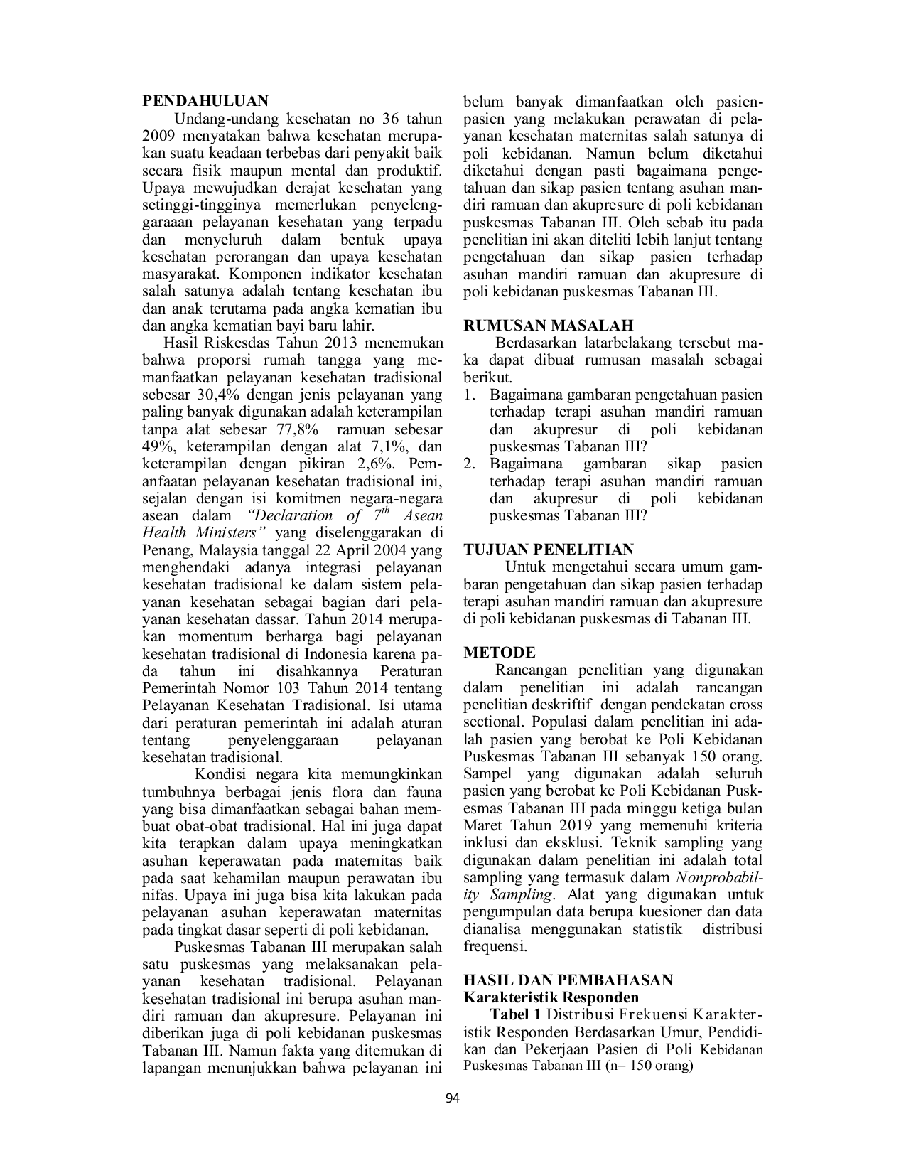 JURIS Gambaran Pengetahuan Dan Sikap Pasien Tentang Asuhan Mandiri Ramuan Dan Akupresur Di Poli Kebidanan Puskesmas Tabanan Iii