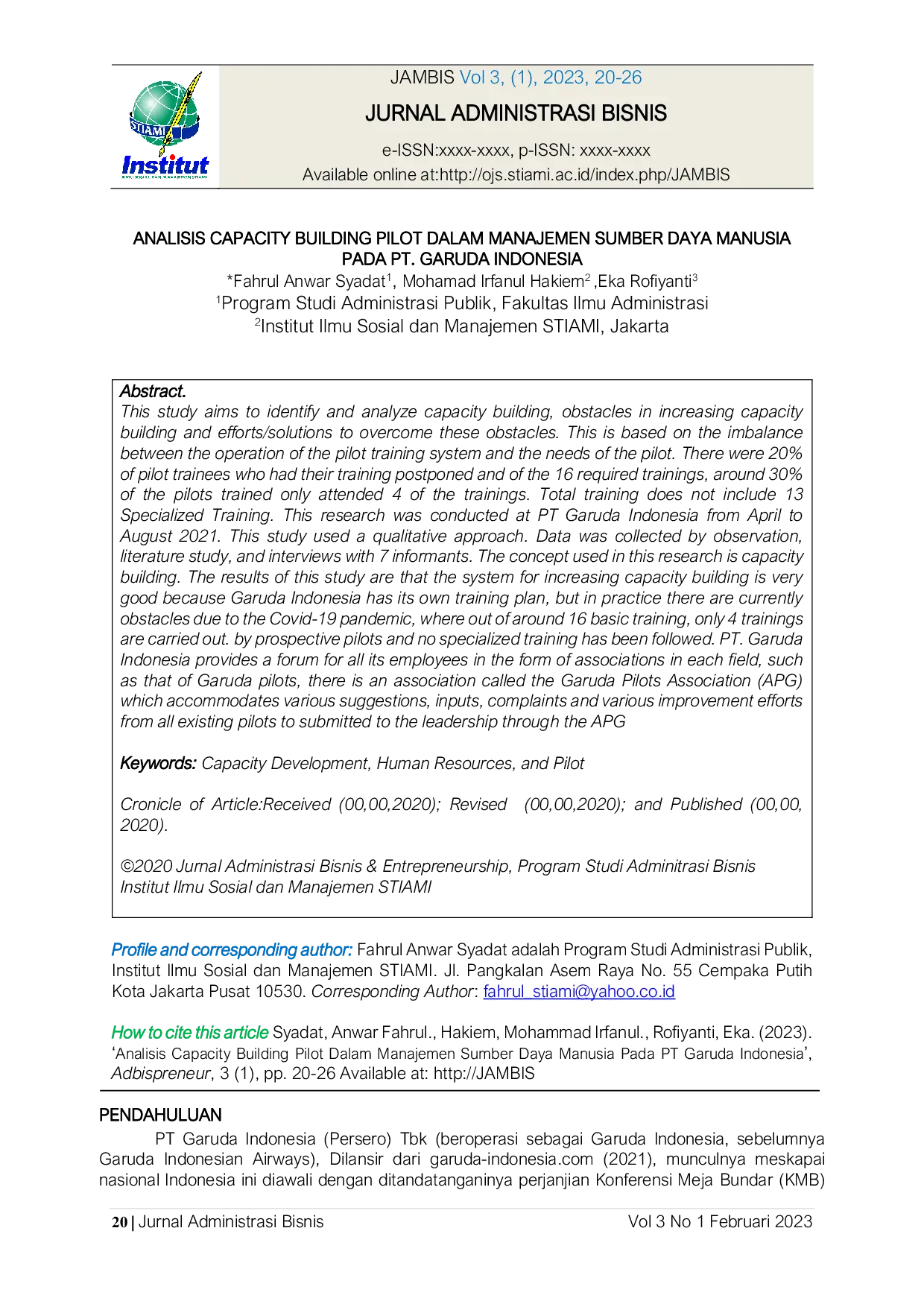 JURIS Analisis Capacity Building Pilot Dalam Manajemen Sumber Daya Manusia Pada PT Garuda Indonesia