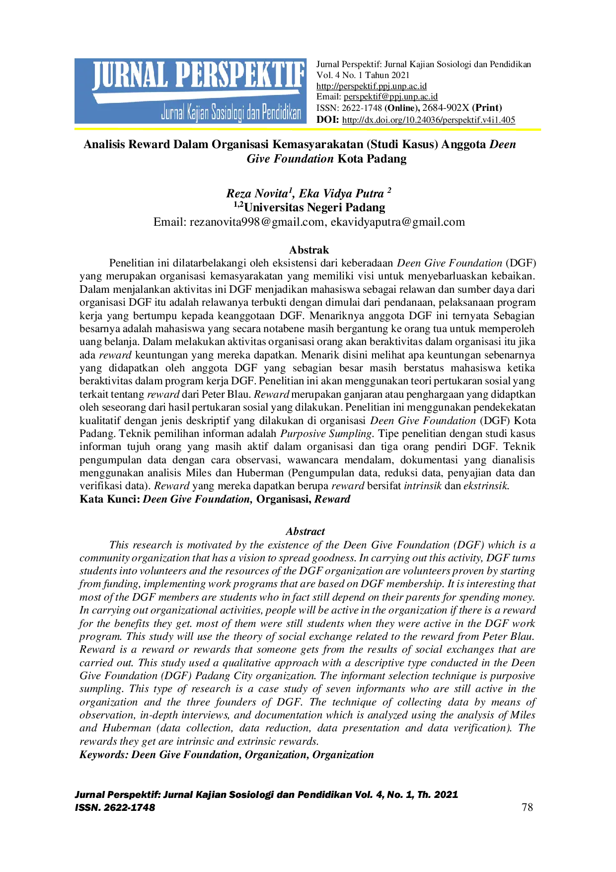 JURIS Analisis Reward Dalam Organisasi Kemasyarakatan Studi Kasus Anggota Deen Give Foundation Kota Padang