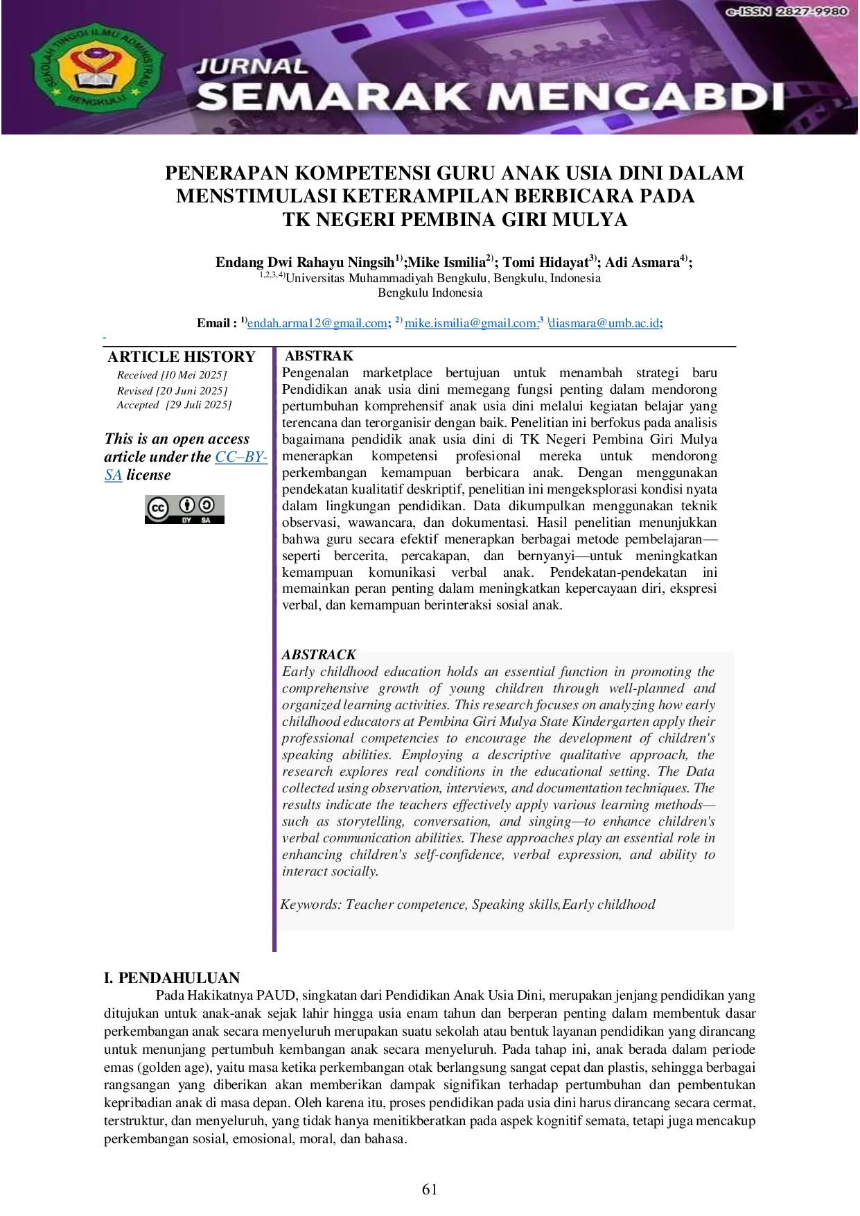 JURIS Penerapan Kompetensi Guru Anak Usia Dini Dalam Menstimulasi Keterampilan Berbicara Pada TK Negeri Pembina Giri Mulya