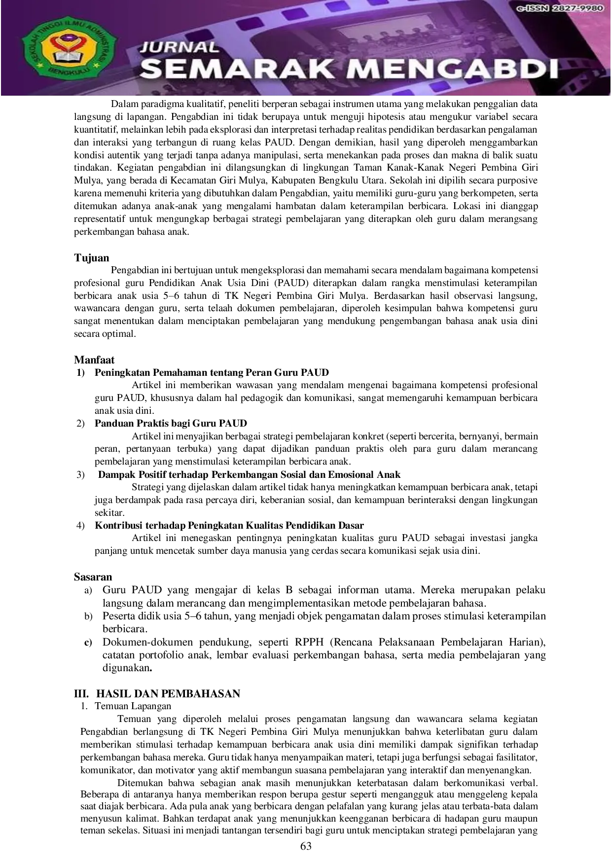 JURIS Penerapan Kompetensi Guru Anak Usia Dini Dalam Menstimulasi Keterampilan Berbicara Pada TK Negeri Pembina Giri Mulya