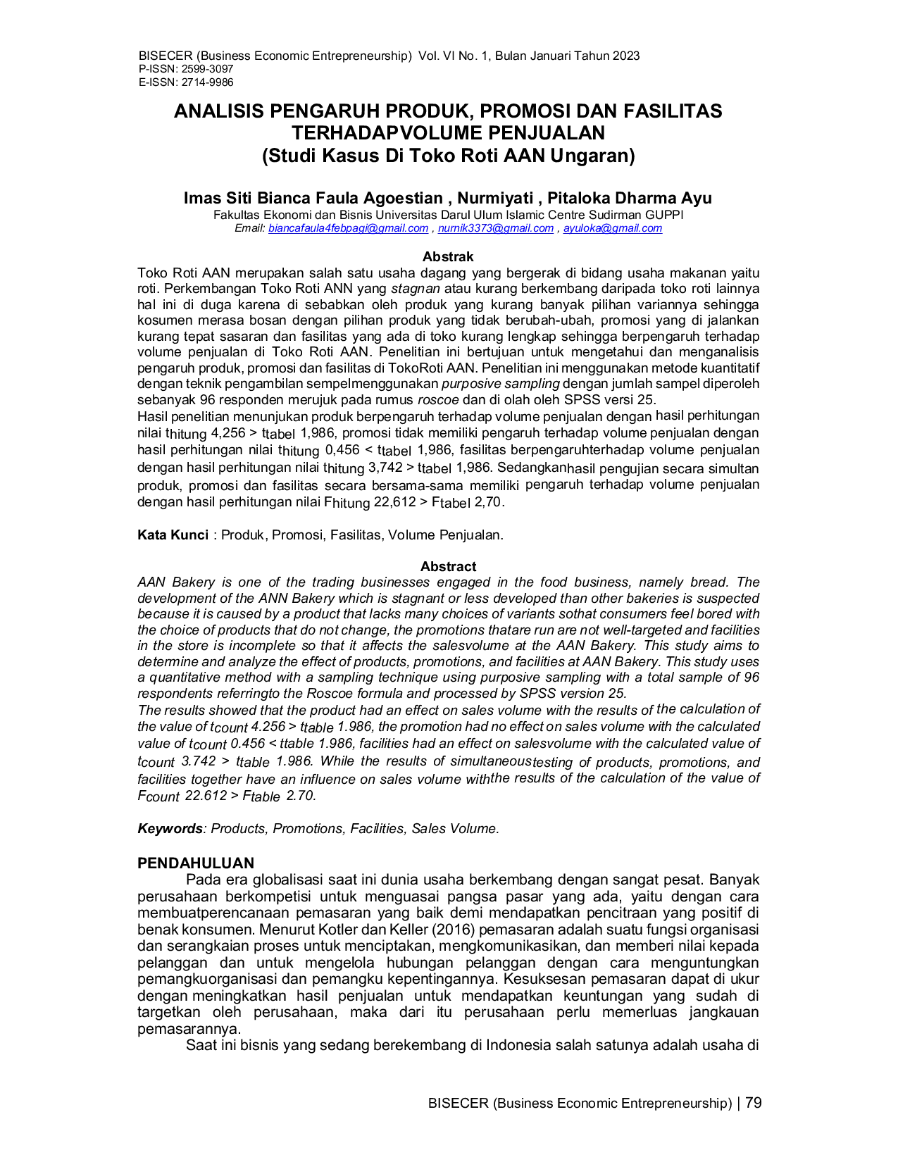 JURIS Analisis Pengaruh Produk Promosi Dan Fasilitas Terhadap Volume Penjualan Studi Kasus Di Toko Roti AAN Ungaran