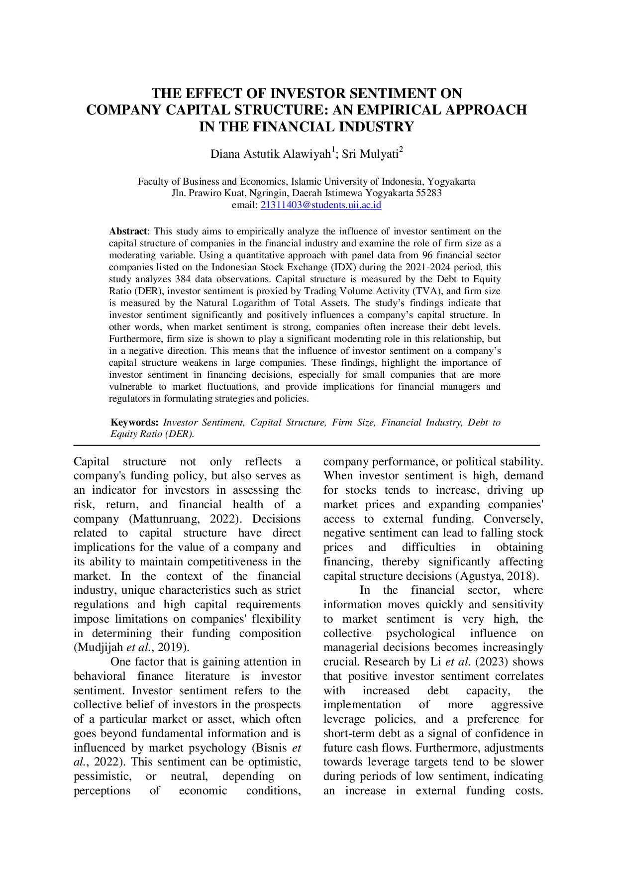 JURIS The THE EFFECT OF INVESTOR SENTIMENT ON COMPANY CAPITAL STRUCTURE AN EMPIRICAL APPROACH IN THE FINANCIAL INDUSTRY
