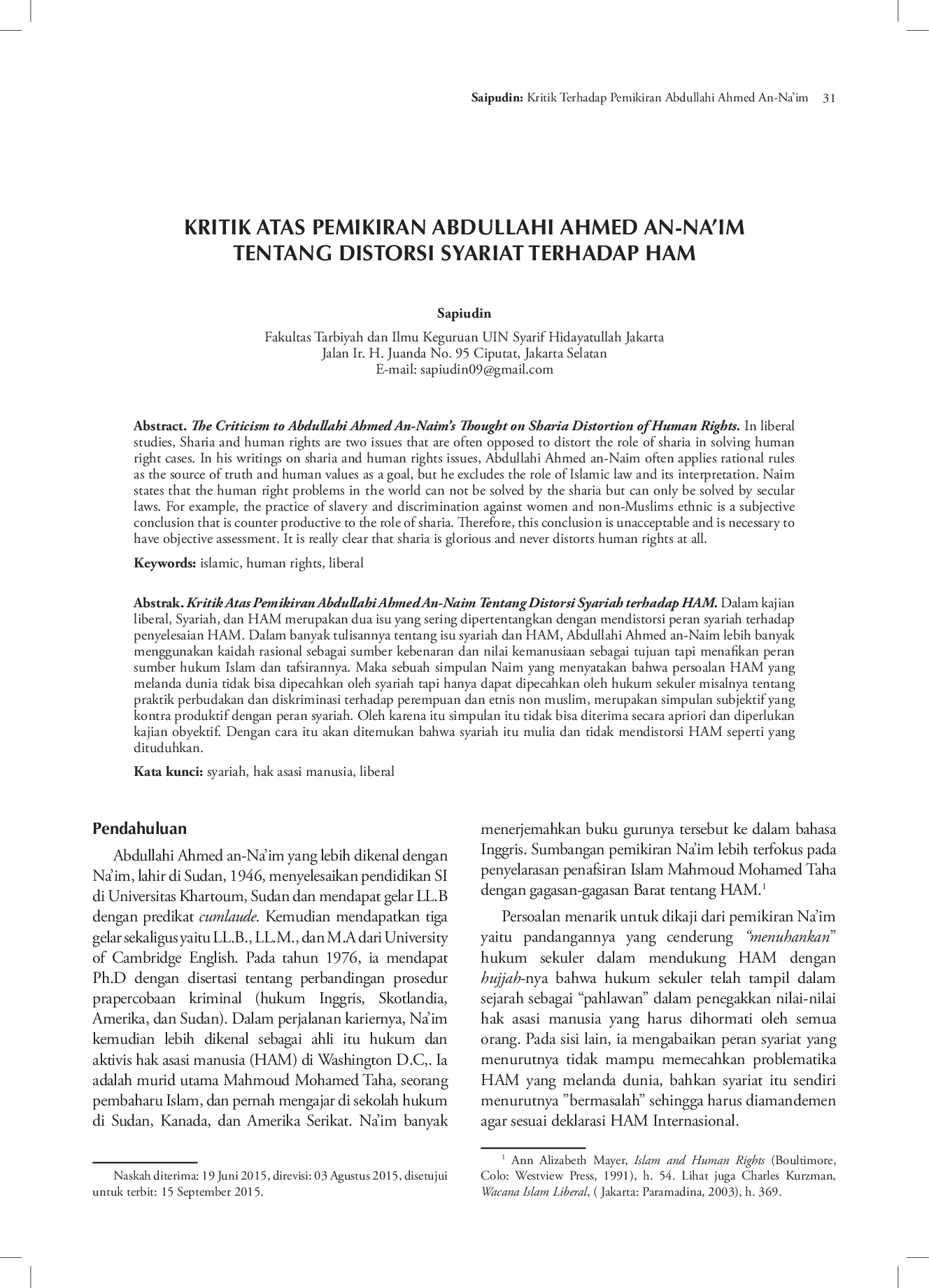 juris Kritik Atas Pemikiran Abdullahi Ahmed An Naim Tentang Distorsi Syariah terhadap HAM