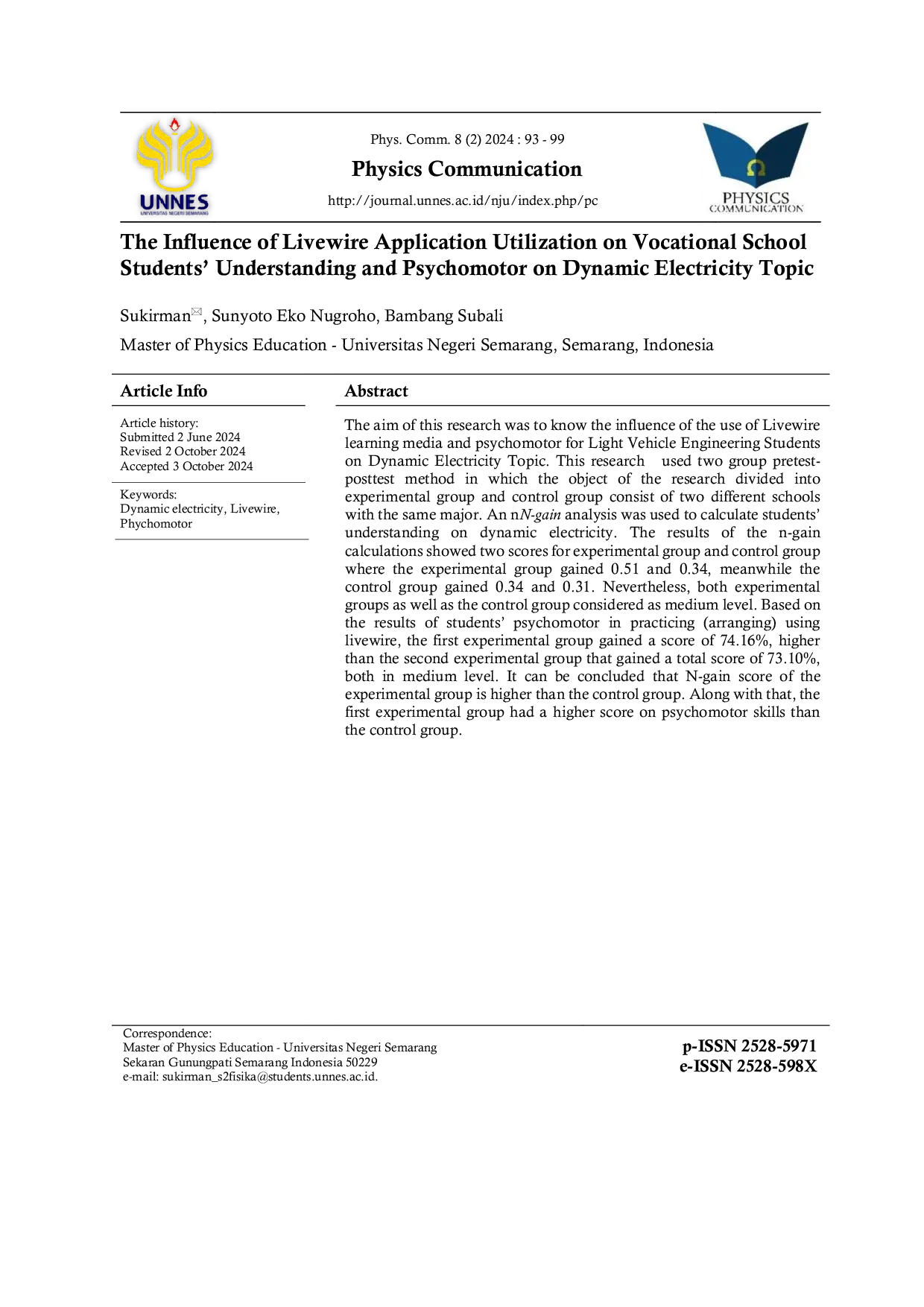 JURIS The Influence of Livewire Learning on Vocational School Students Understanding and Psychomotor on Dynamic Electricity Subject Matter