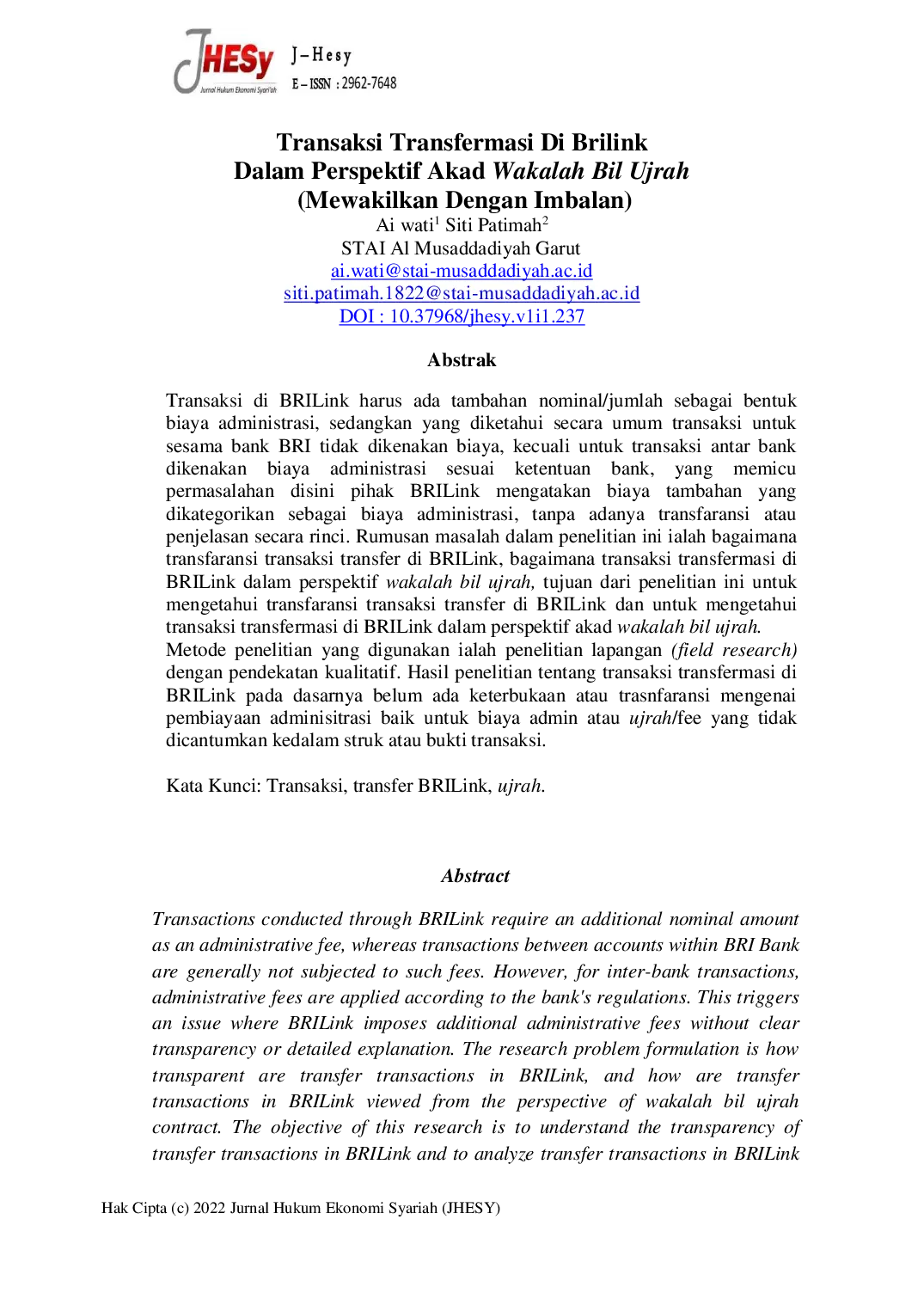 JURIS Transaksi Transfermasi Di BRILink Dalam Perspektif Akad Wakalah Bil Ujrah Mewakilkan Dengan Imbalan