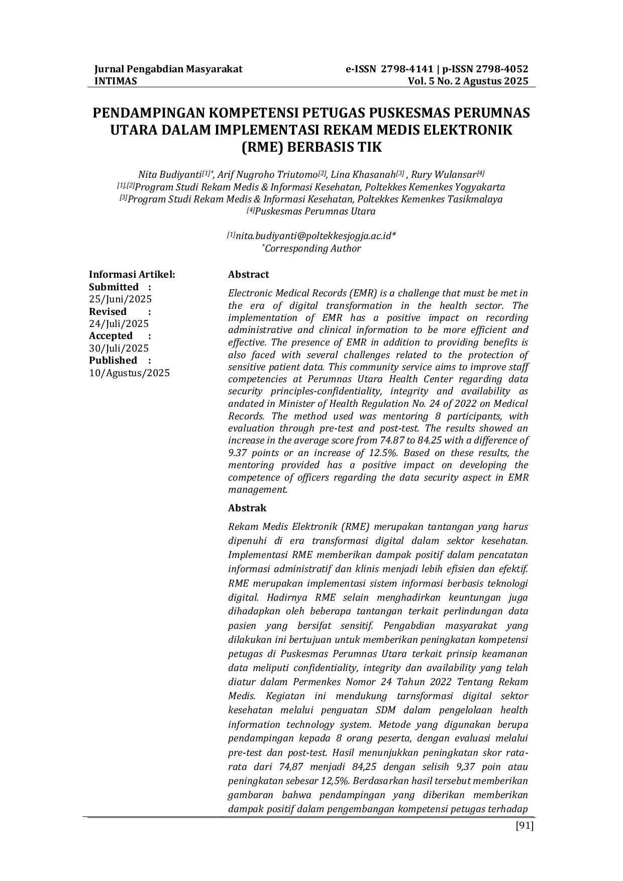 JURIS Pendampingan Kompetensi Petugas Puskesmas Perumnas Utara Dalam Implementasi Rekam Medis Elektronik RME Berbasis TIK