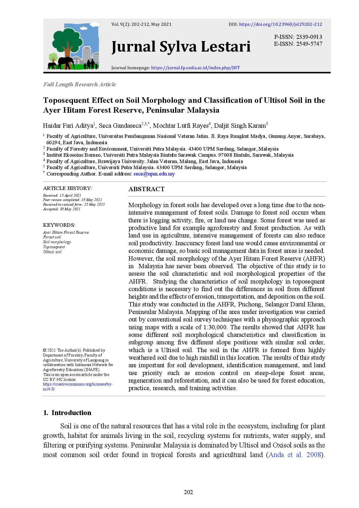 juris Toposequent Effect on Soil Morphology and Classification of Ultisol Soil in the Ayer Hitam Forest Reserve Peninsular Malaysia