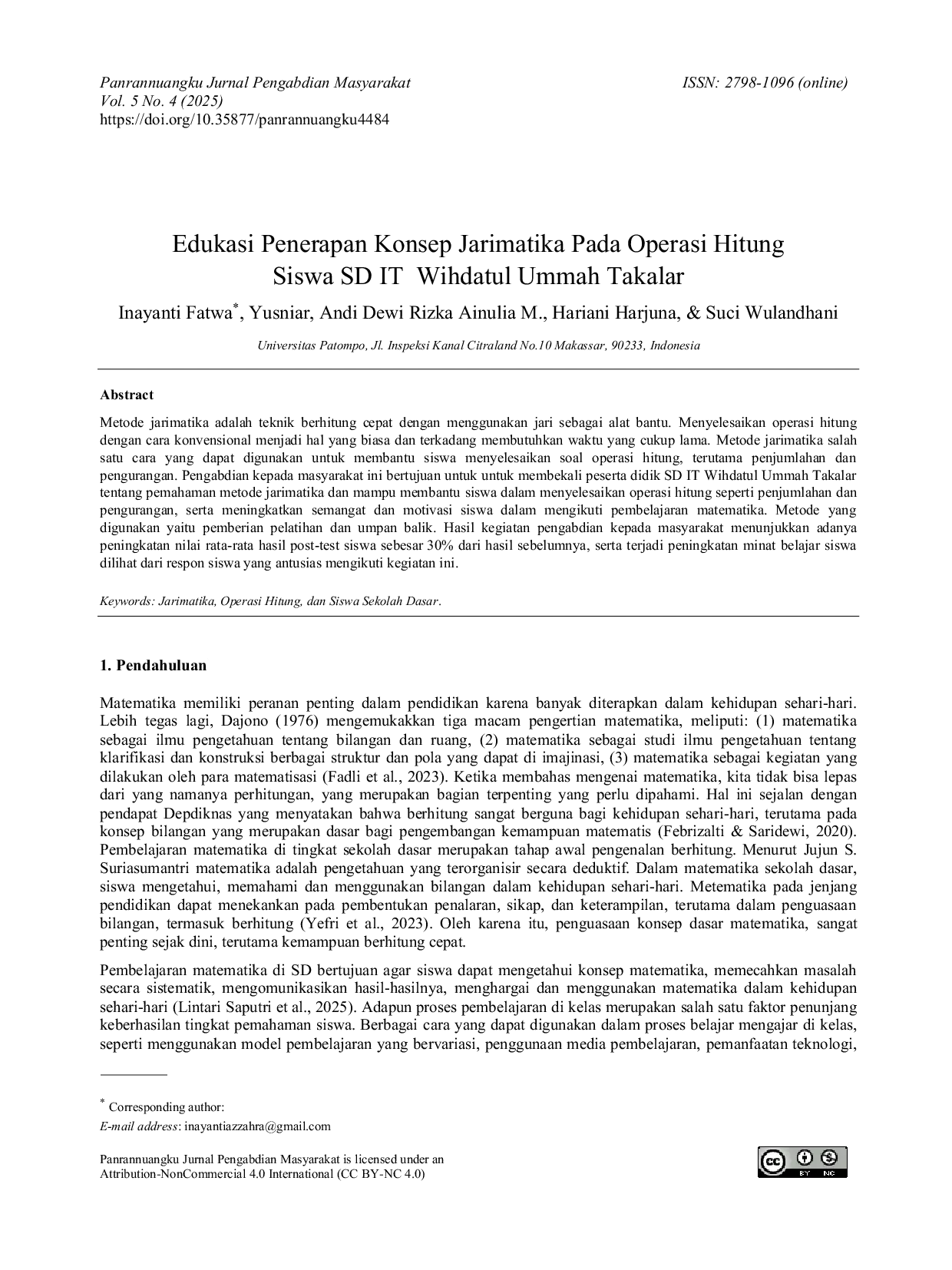 JURIS Edukasi Penerapan Konsep Jarimatika Pada Operasi Hitung Siswa SD IT Wihdatul Ummah Takalar