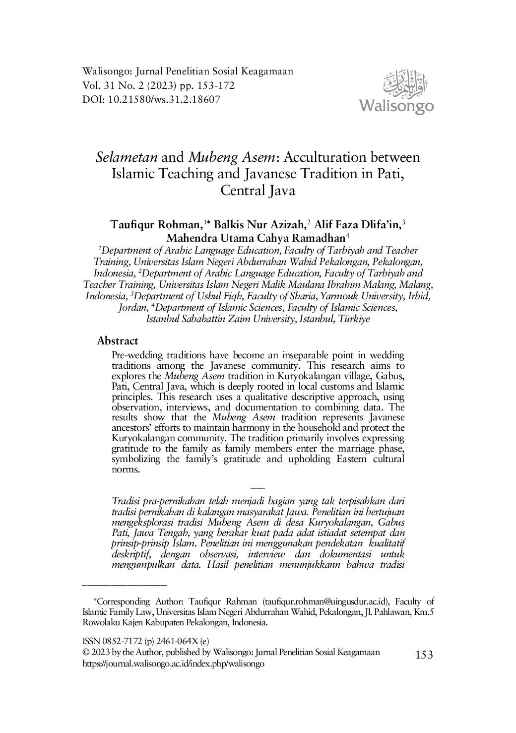 JURIS Selametan and Mubeng Asem Acculturation between Islamic Teaching and Javanese Tradition in Pati Central Java