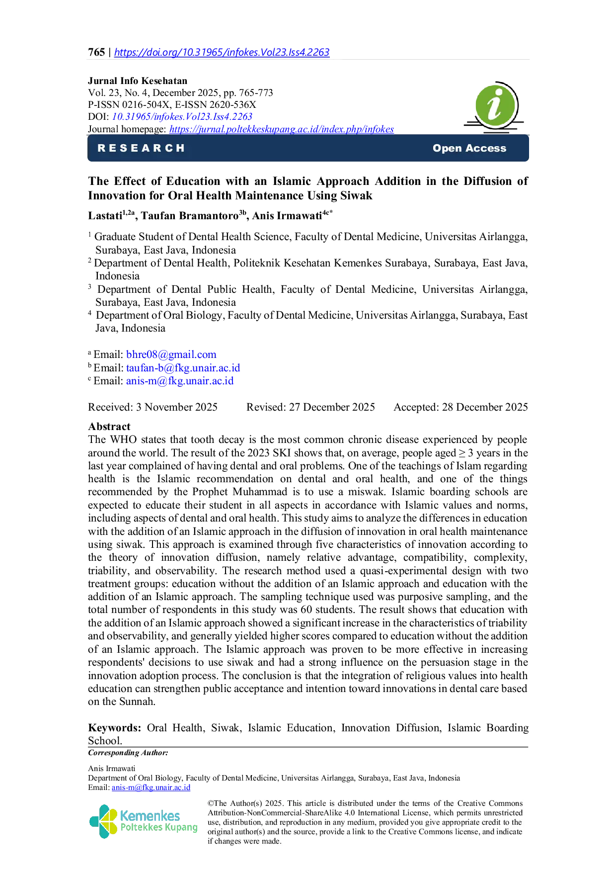 JURIS The Effect of Education with an Islamic Approach Addition in the Diffusion of Innovation for Oral Health Maintenance Using Siwak