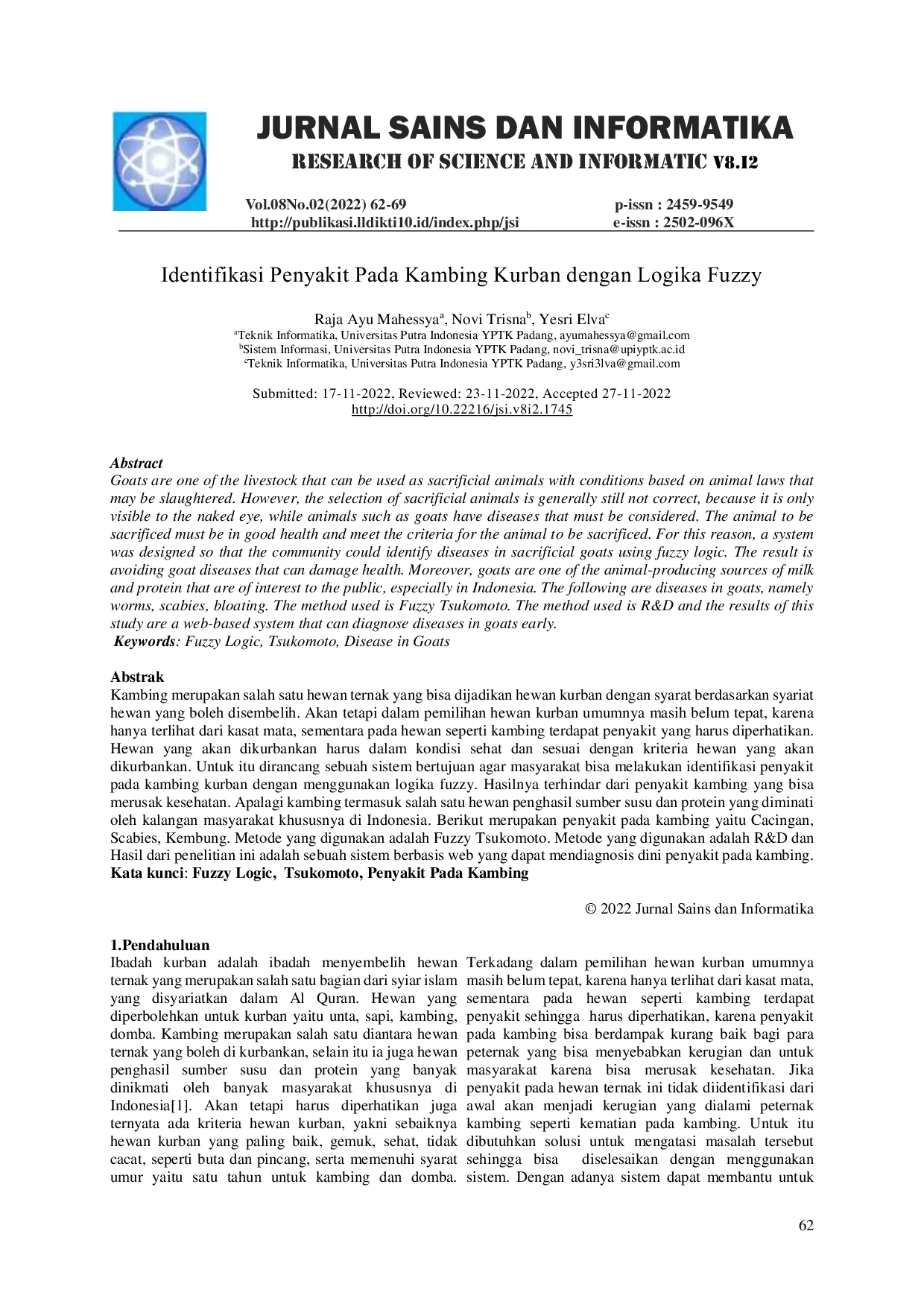 JURIS Identifikasi Penyakit Pada Kambing Kurban dengan Logika Fuzzy