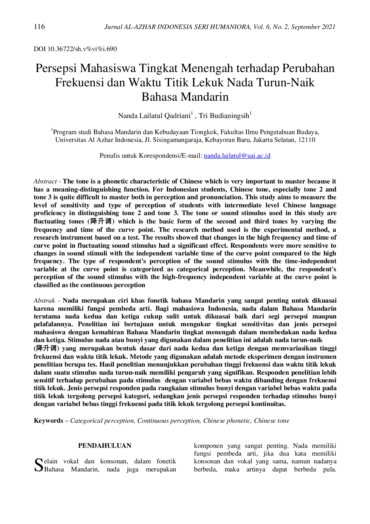 JURIS Persepsi Mahasiswa Tingkat Menengah terhadap Perubahan Frekuensi dan Waktu Titik Lekuk Nada Turun Naik Bahasa Mandarin