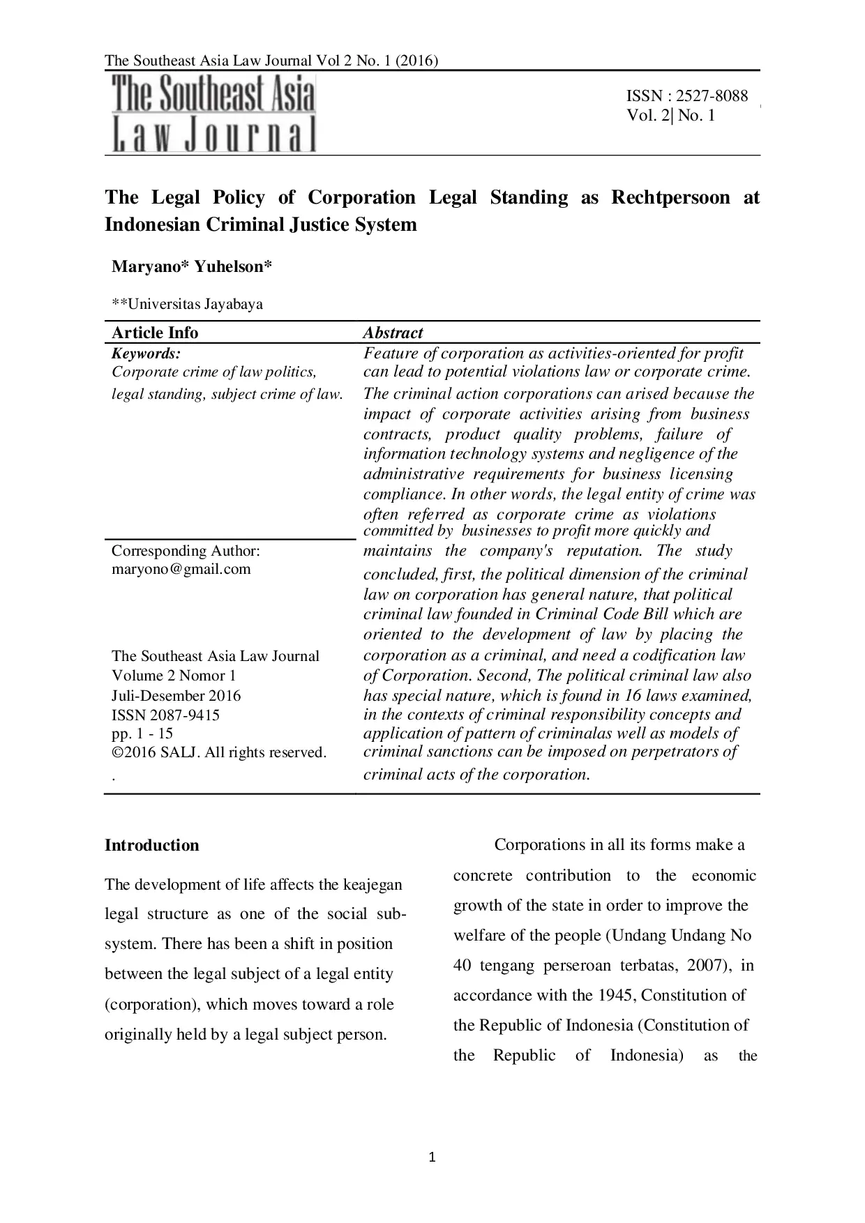 JURIS The Legal Policy of Corporation Legal Standing as Rechtpersoon at Indonesian Criminal Justice System