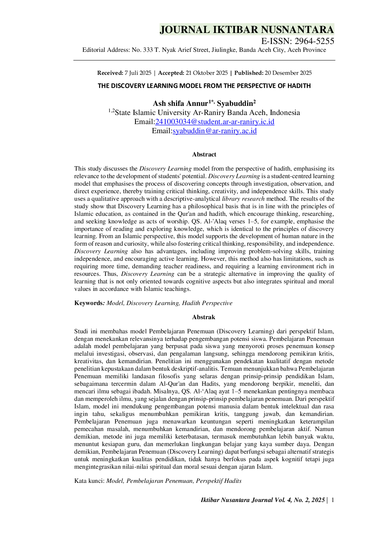 JURIS The Discovery Learning Model From The Perspective Of Hadith