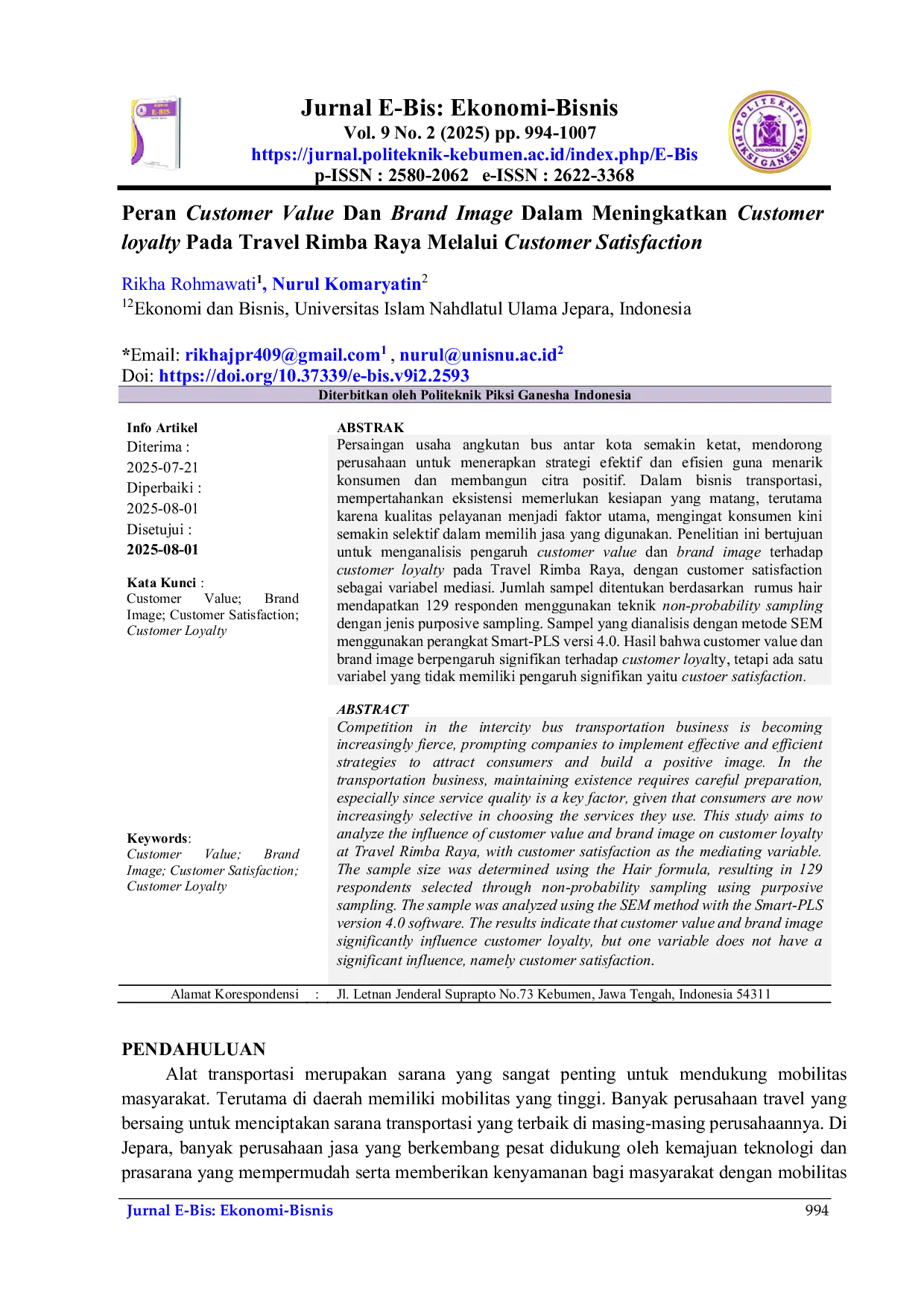 JURIS Peran Customer Value Dan Brand Image Dalam Meningkatkan Customer Loyalty Pada Travel Rimba Raya Melalui Customer Satisfaction