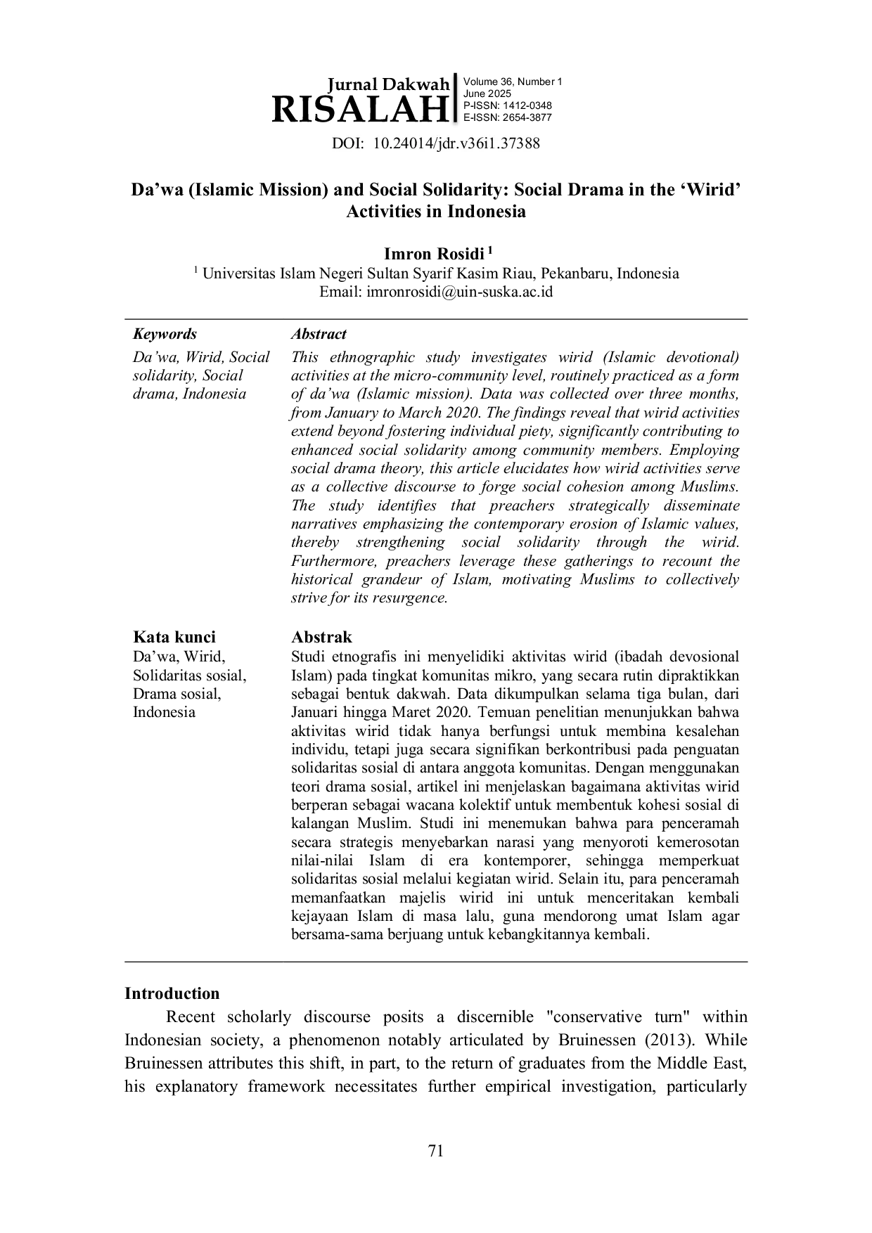 JURIS Da wah Islamic Mission and Social Solidarity Social Drama in the Wirid Activities in Indonesia