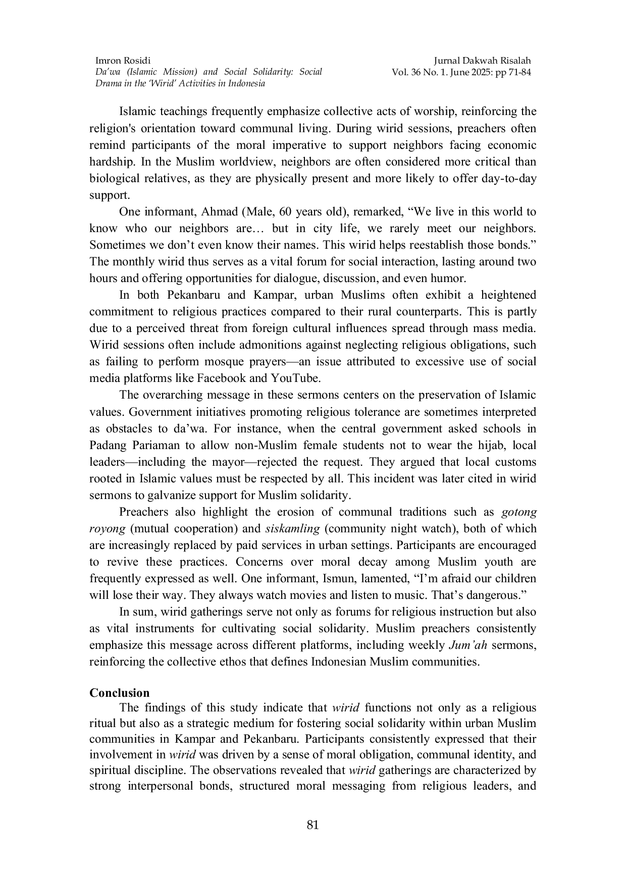 JURIS Da wah Islamic Mission and Social Solidarity Social Drama in the Wirid Activities in Indonesia