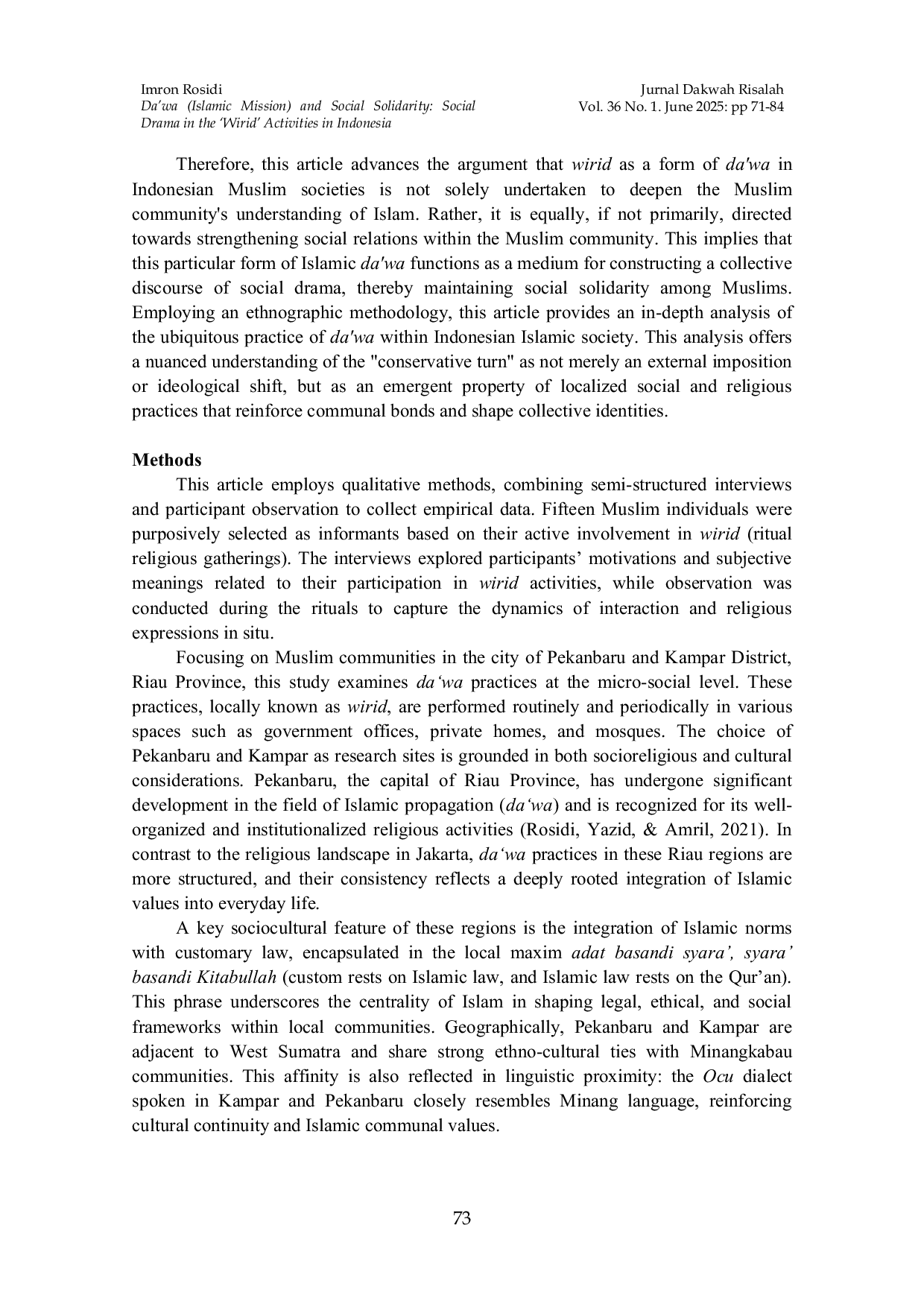 JURIS Da wah Islamic Mission and Social Solidarity Social Drama in the Wirid Activities in Indonesia